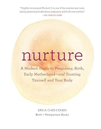 Book cover titled "nurture" by Erica Chidi Cohen about pregnancy, birth, and postpartum doula care.