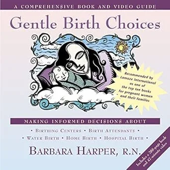 Book cover titled 'Gentle Birth Choices' by Barbara Harper, R.N., with illustrations of a woman peacefully sleeping in clouds with the sun and waves in the background.
