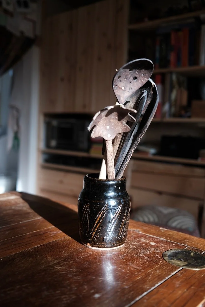Hand-thrown dark glazed ceramic utensil holder with incised decoration — small object by Henry Crabb, West Cornwall