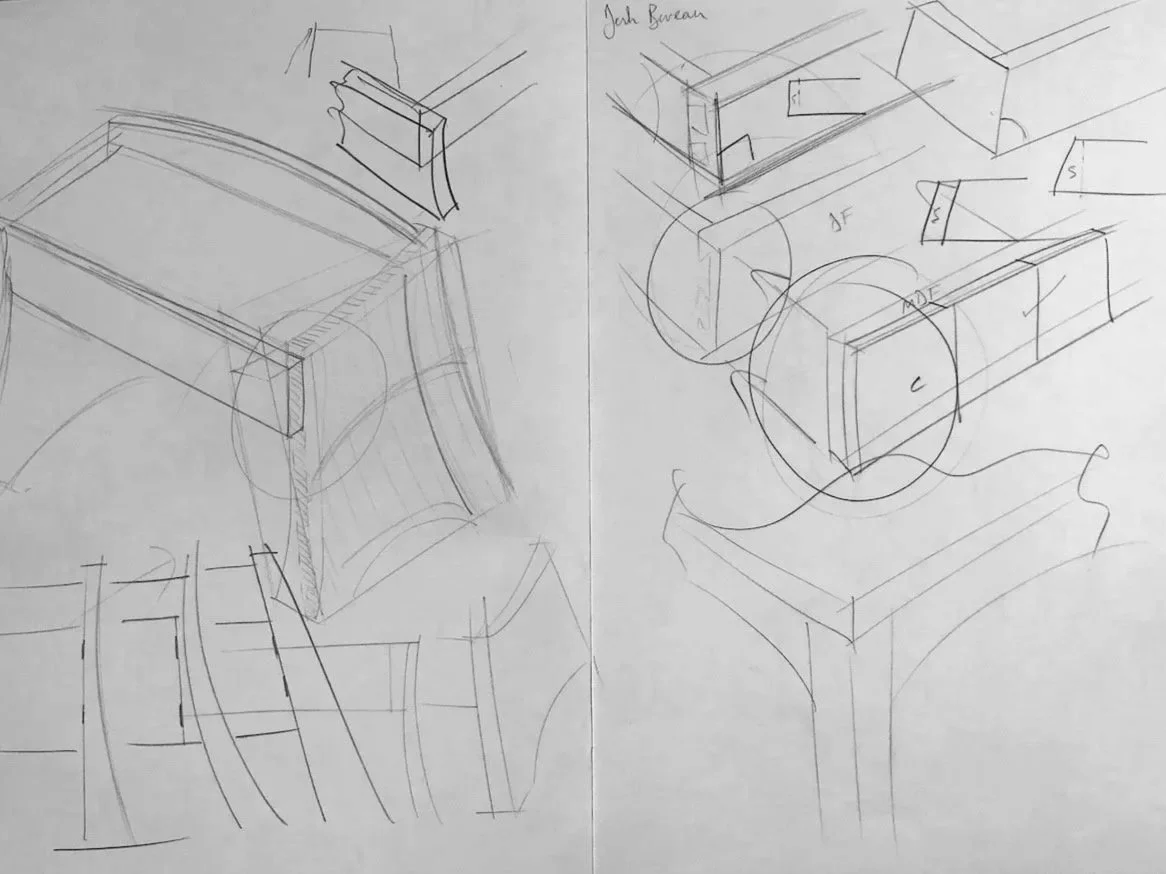 Detailed pencil construction sketches for a bespoke bureau — drawer joinery and leg detail studies by furniture designer-maker Henry Crabb
