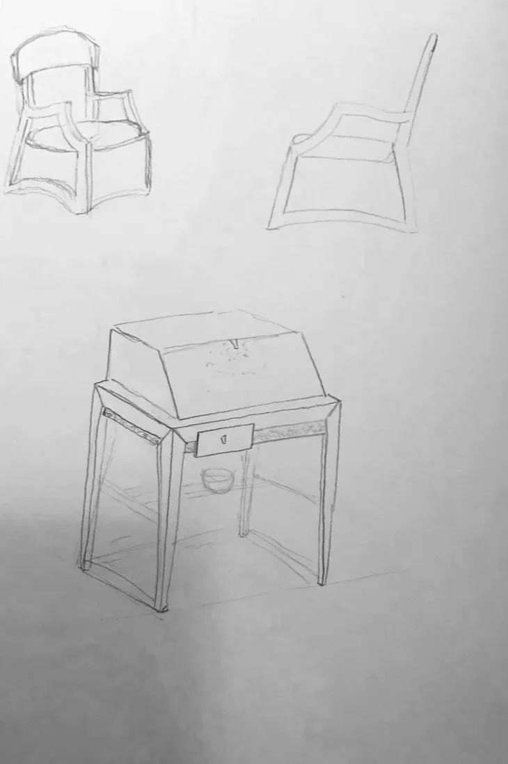 Early pencil sketches exploring chair and bureau forms — design development drawings by Henry Crabb, West Cornwall