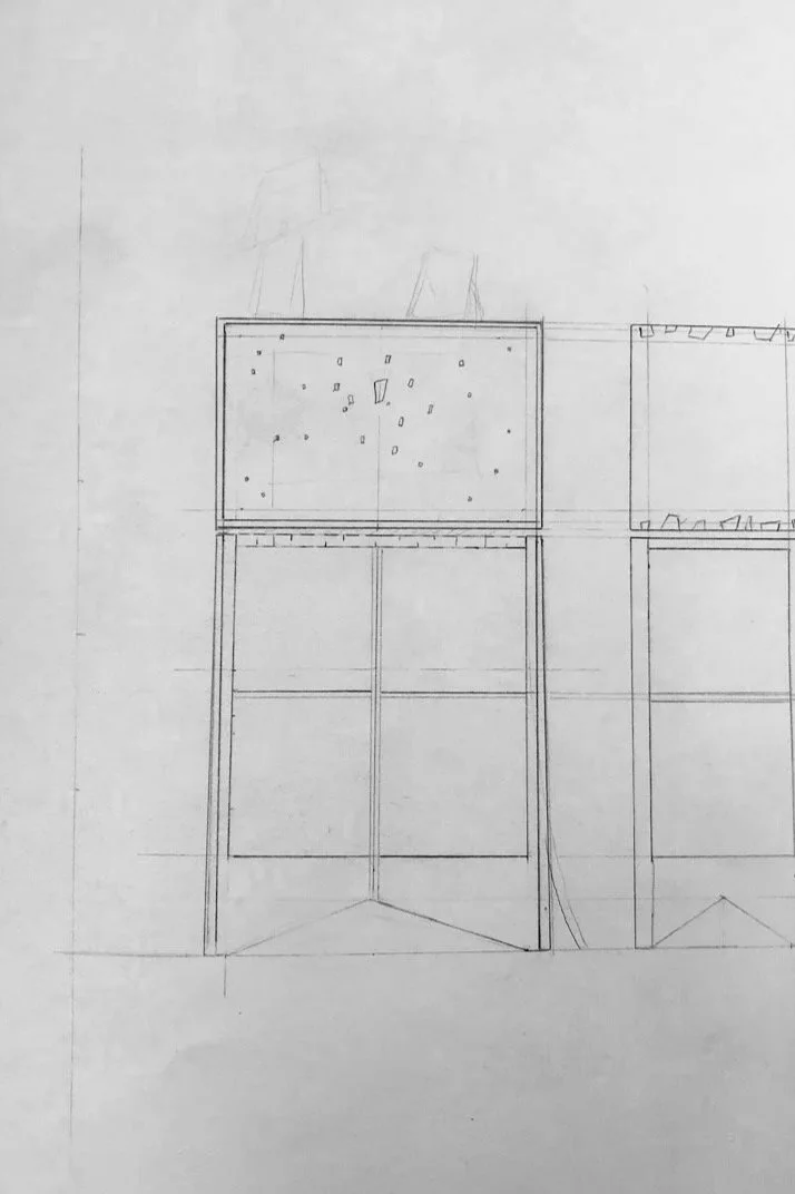Front elevation sketch of a cabinet with decorative panel — bespoke furniture design drawing by Henry Crabb