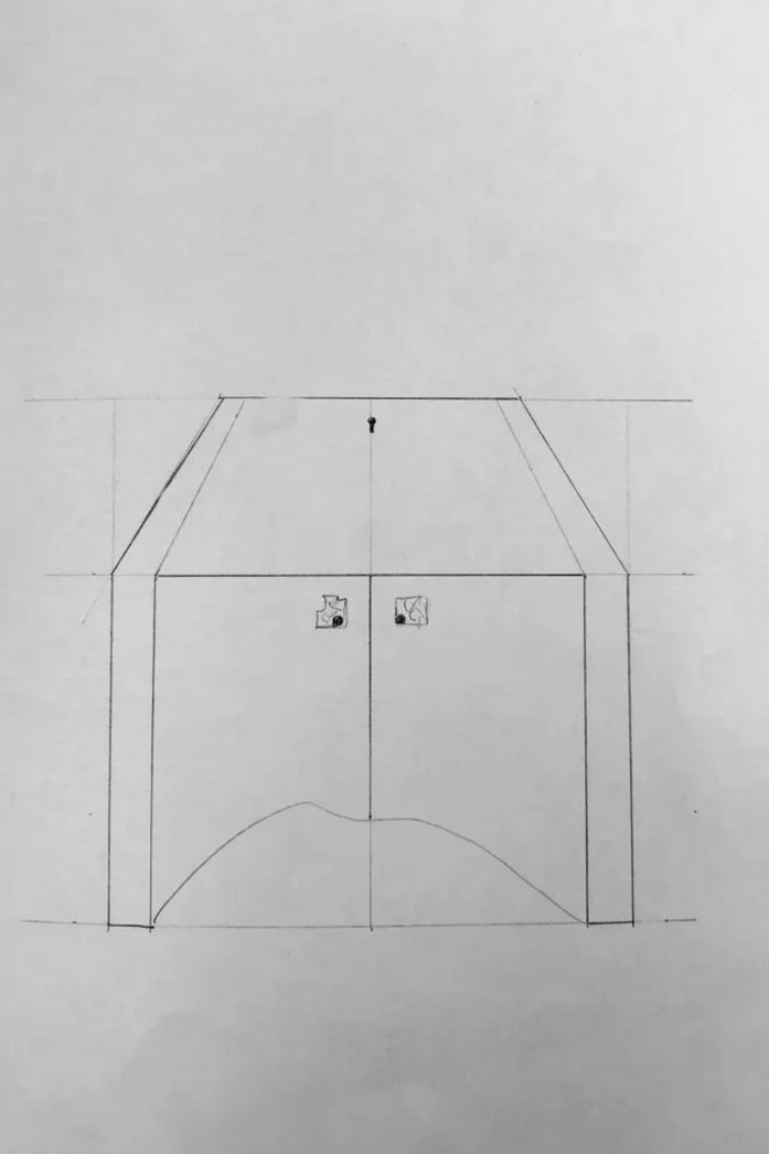 Pencil sketch of a bureau front elevation with shaped doors — bespoke furniture design by Henry Crabb