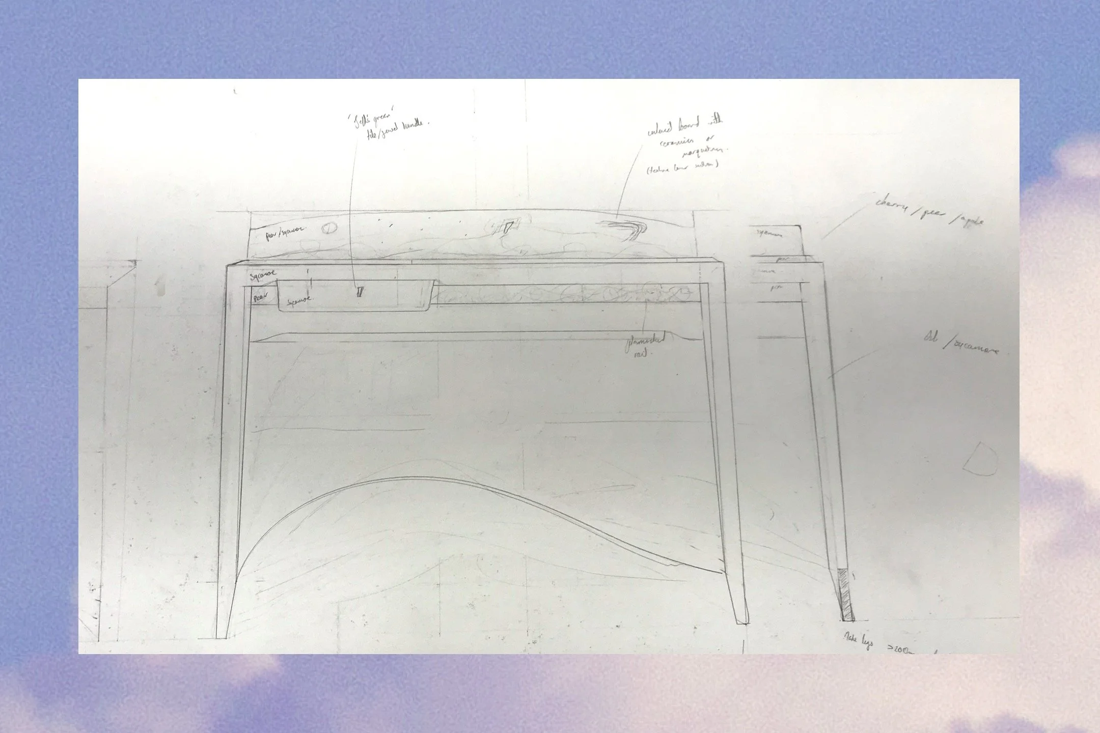 Pencil design drawing for a bespoke writing desk — annotated with timber species including pear, sycamore and ash, by furniture designer-maker Henry Crabb