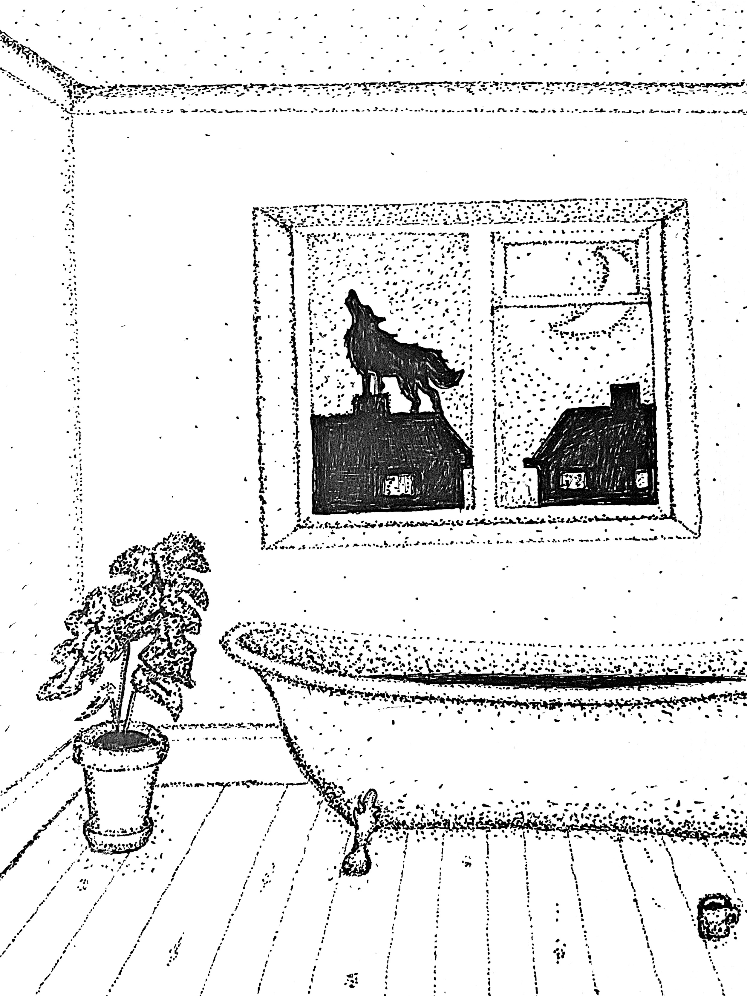 Ink drawing of a bathroom looking out of the window with a wolf howling on the rooftops