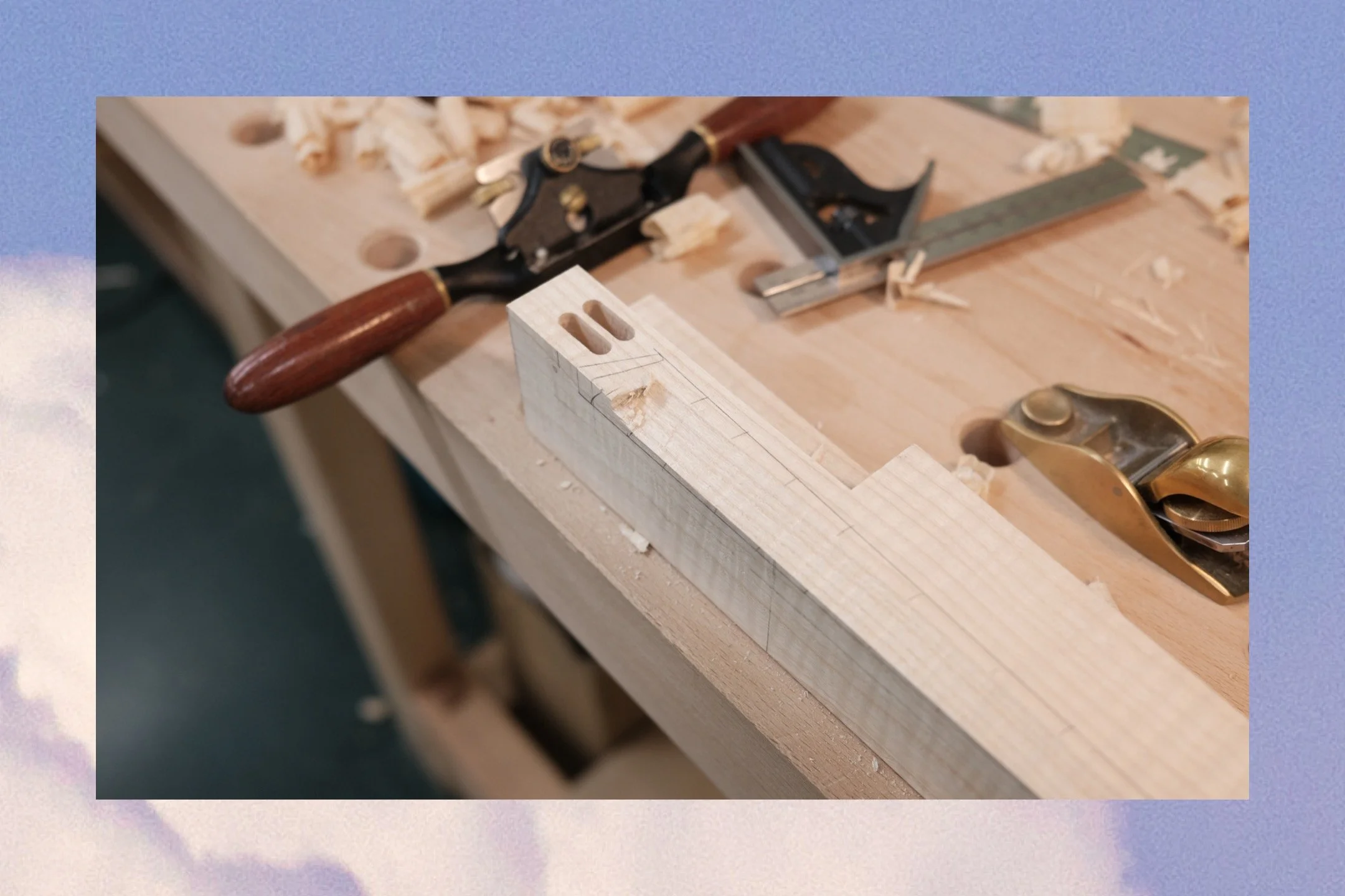 Hand-shaping tapers and mason's mitres on a pale hardwood leg, with hand planes and marking tools on the workbench — fine furniture making by Henry Crabb