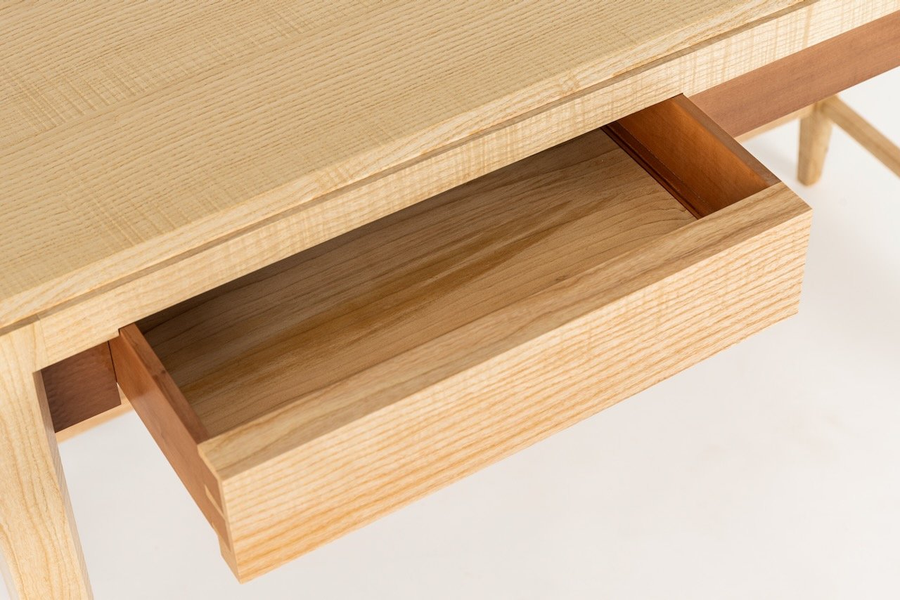 Journal Desk — open drawer interior in cedar of Lebanon, set within a Devon rippled ash frame, by Henry Crabb, West Cornwall