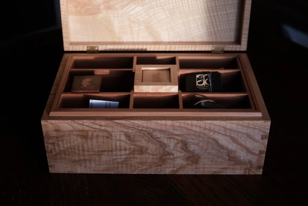 Engagement Box open — Devon rippled ash exterior with English pear interior tray, multiple compartments for jewellery, bespoke box by Henry Crabb