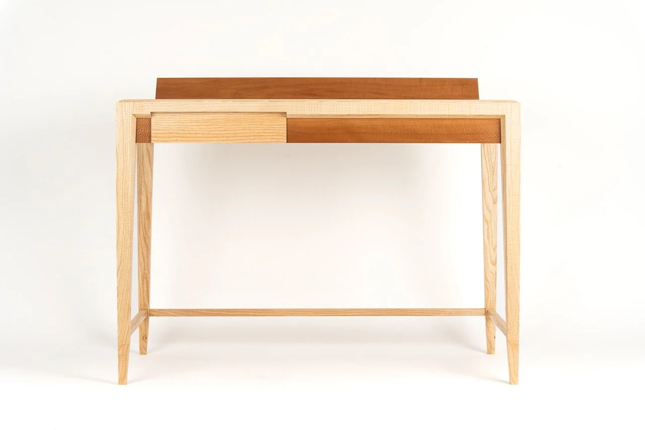Journal Desk — full front elevation in Devon rippled ash, Swiss pear and cedar of Lebanon, bespoke writing desk hand-made by Henry Crabb, West Cornwall