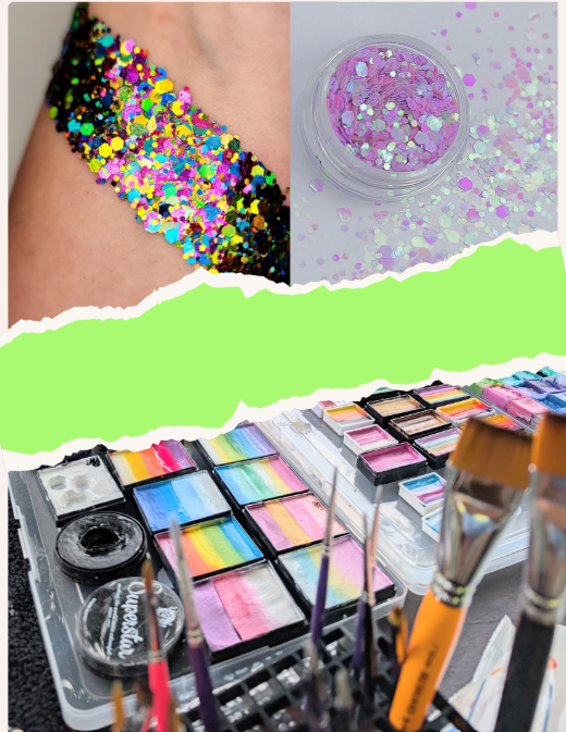 A collage of glitter and makeup supplies, including a close-up of a rainbow-colored glitter, a jar of purple glitter, and a makeup palette with various colorful powders.