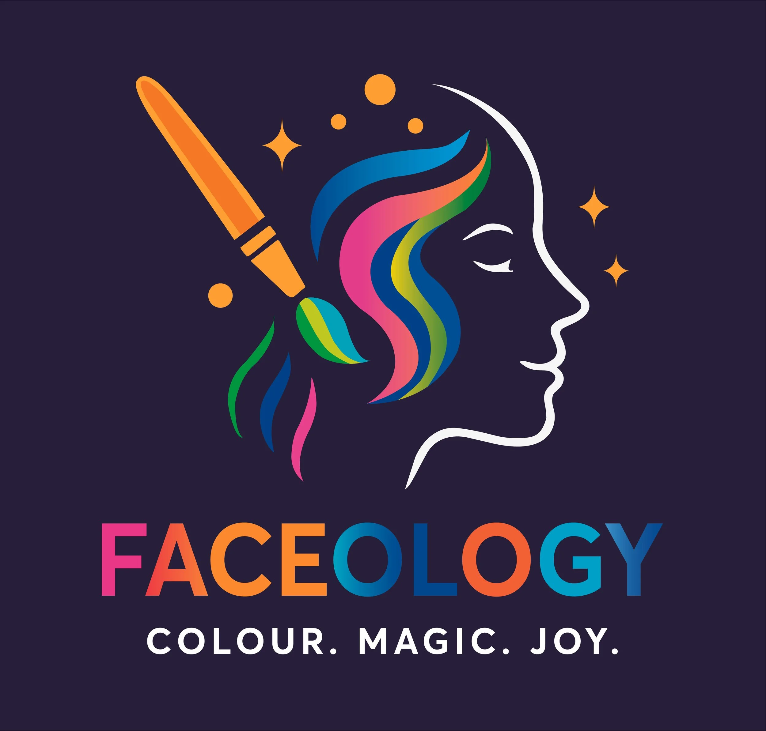 A colorful illustration of a woman's profile with rainbow-colored hair, a filter brush behind her ear, and stars around her head, with the words 'Faceology' and the tagline 'Colour. Magic. Joy.' underneath.