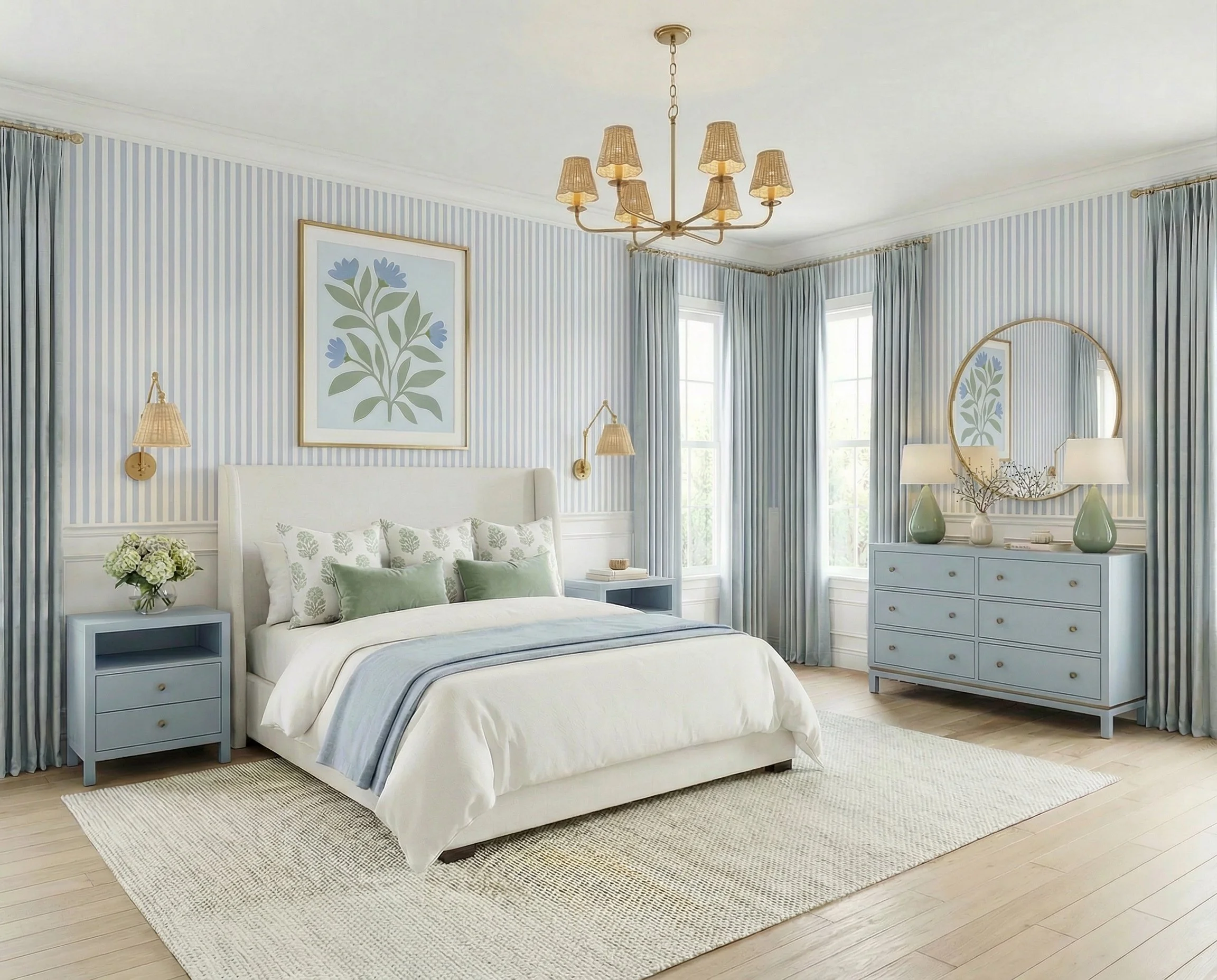 A Soft Blue Coastal Bedroom with Classic Ticking Stripe Wallpaper