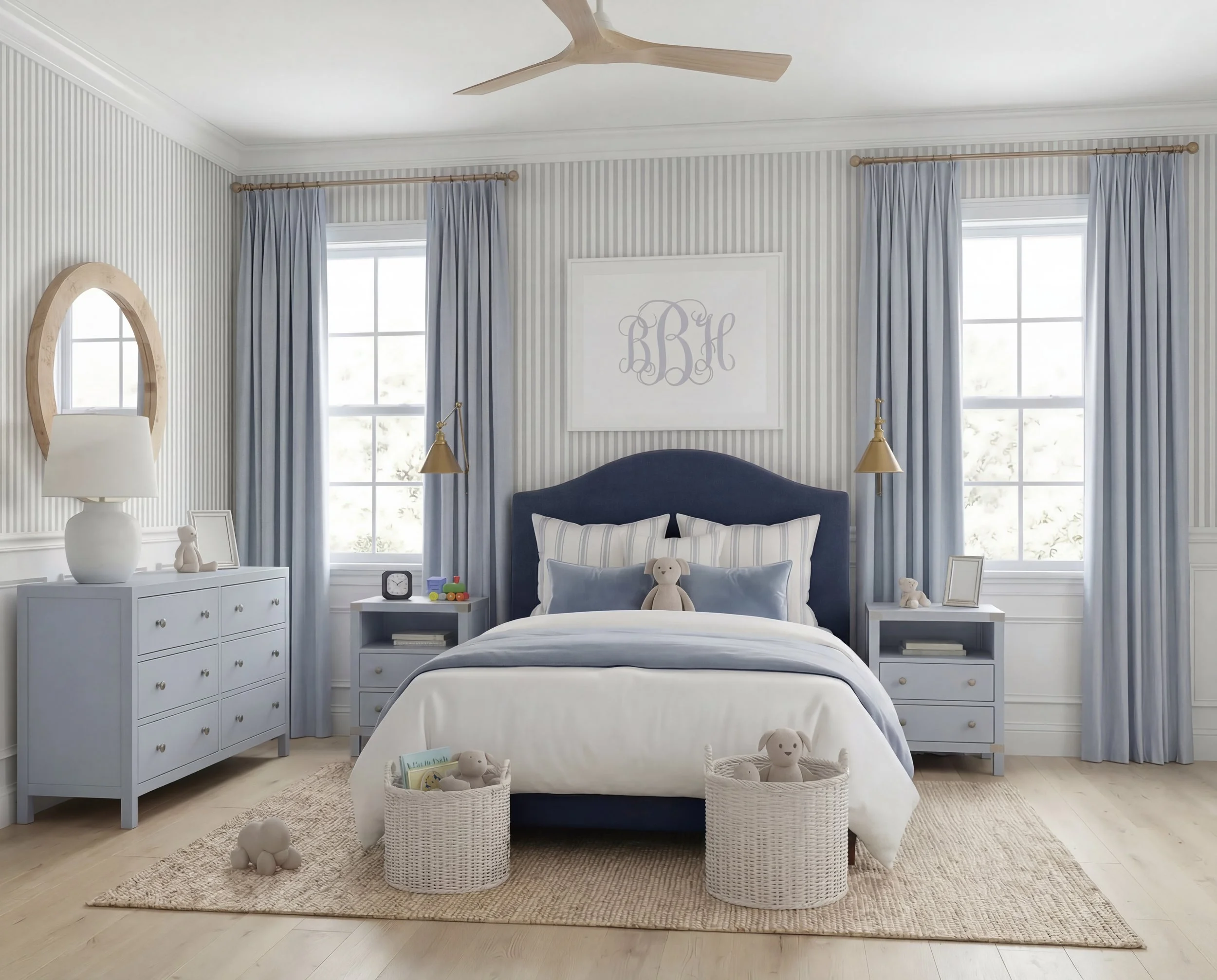 A Preppy Blue Boys Bedroom with Ticking Stripe Wallpaper