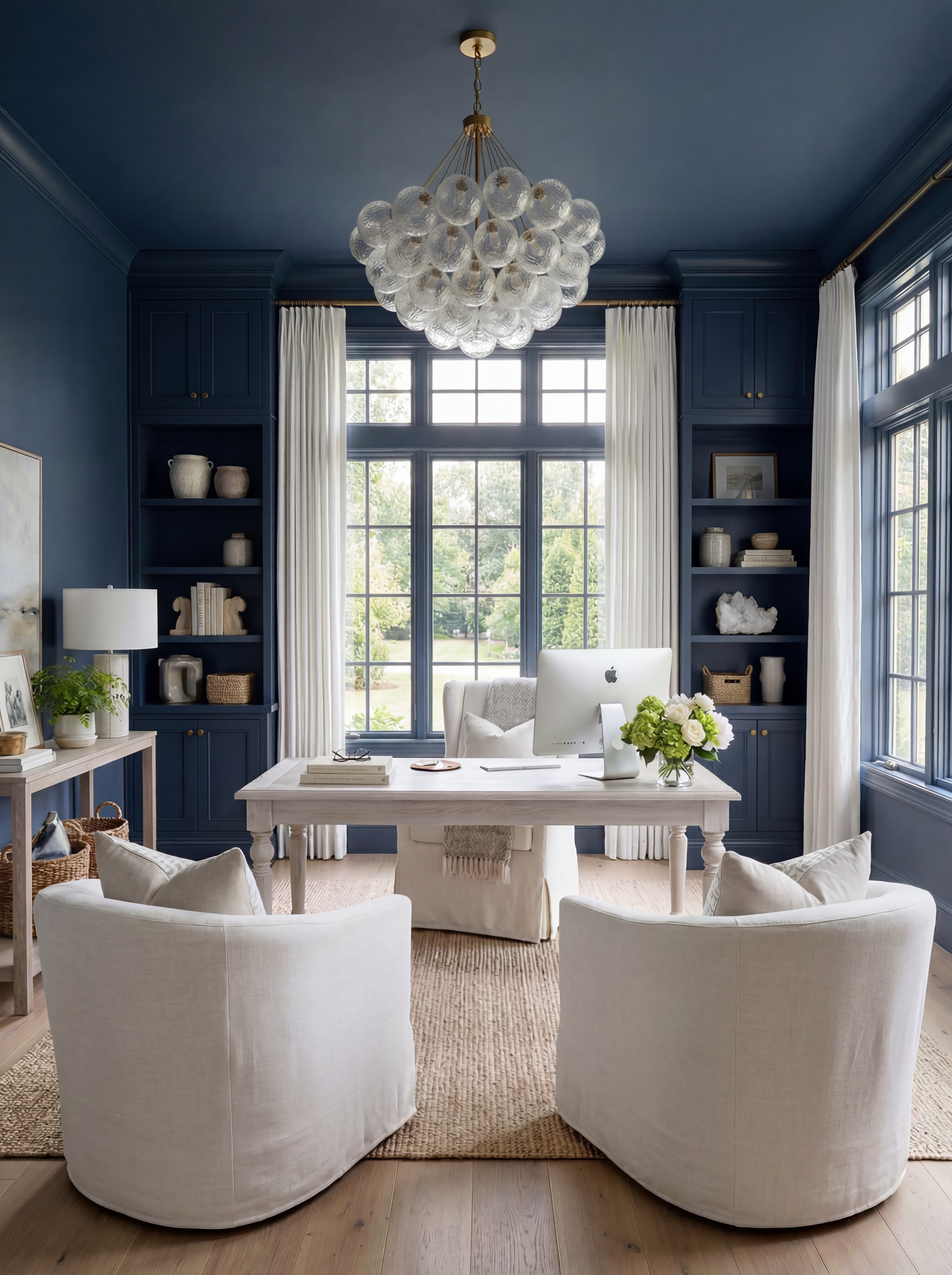 A Moody Blue Office That Still Feels Bright