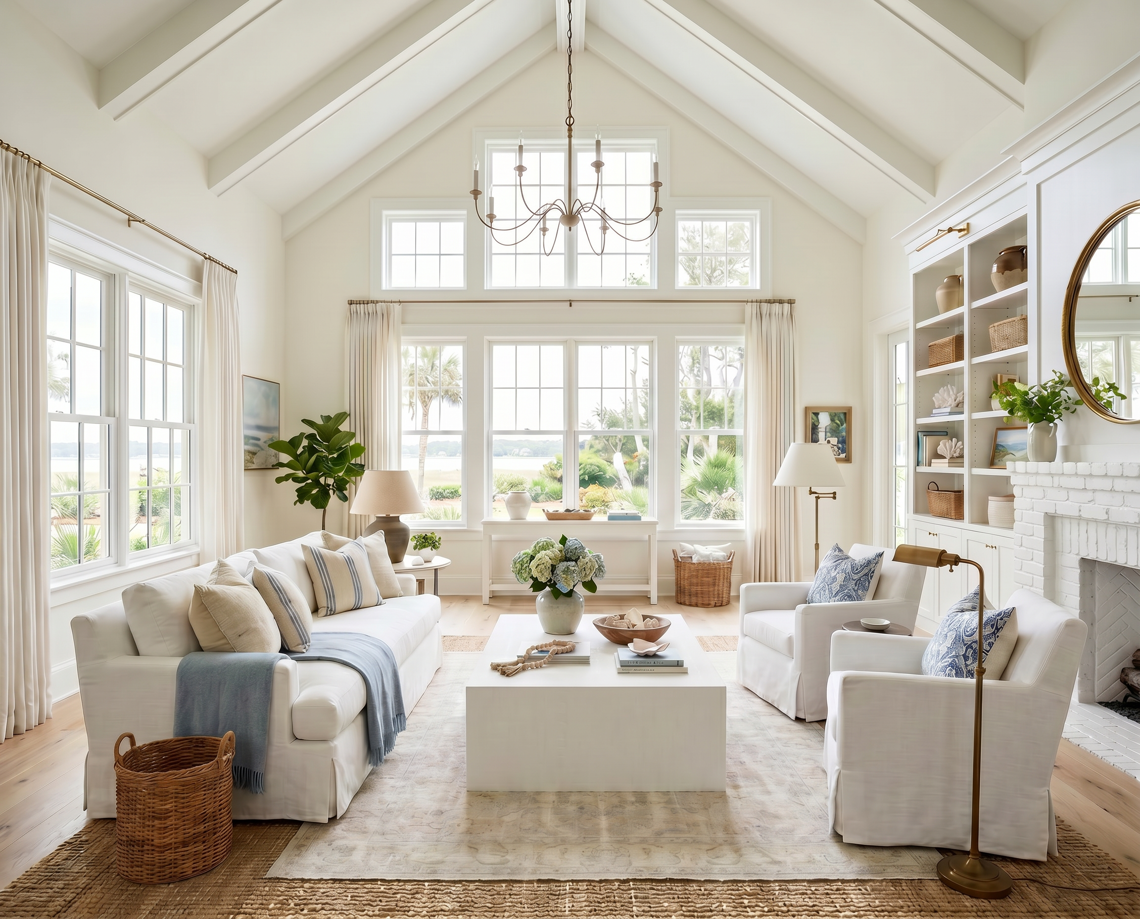 Bright &amp; Airy Coastal Living Room with Vaulted Ceilings