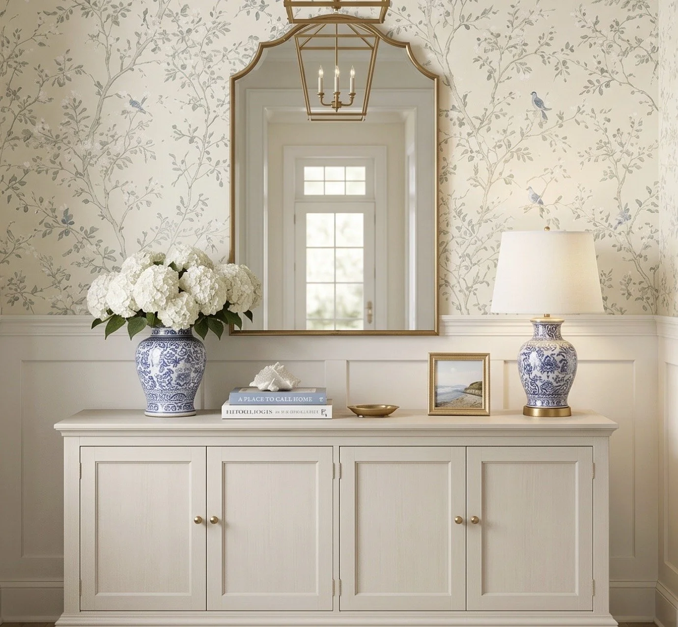 Classic Blue &amp; White Entryway with Botanical Wallpaper and Timeless Southern Style