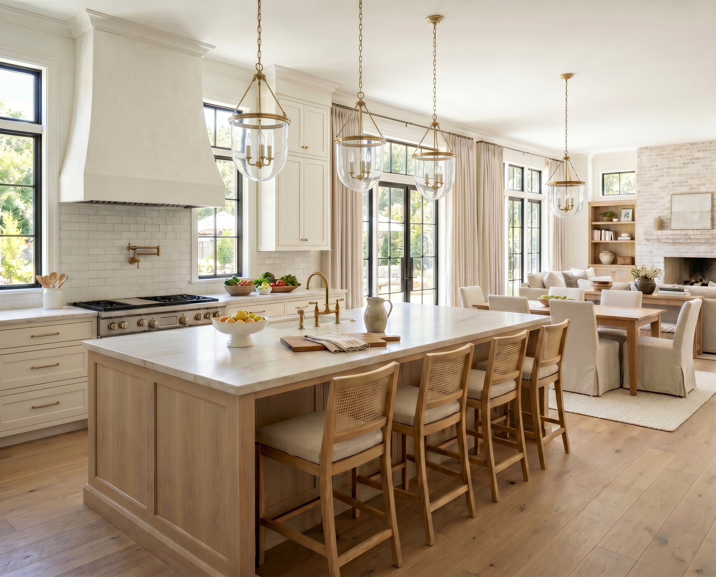 Bright White Oak Kitchen with Plaster Range Hood and Timeless Open-Concept Design