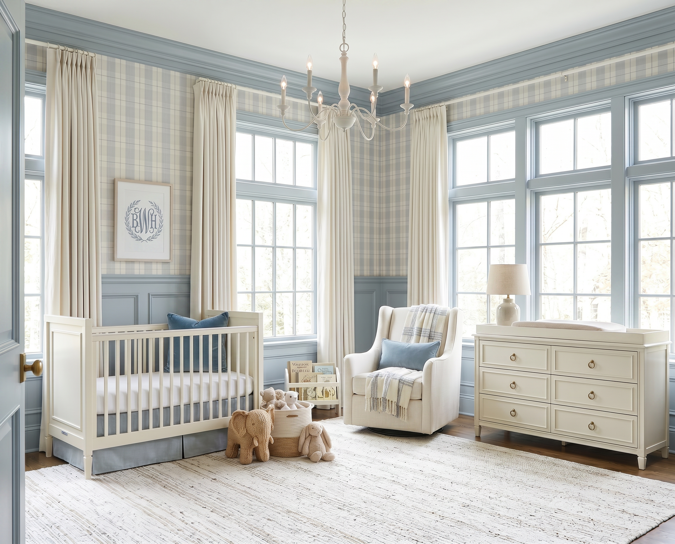 Classic Blue Plaid Nursery with Soft Blue Paneling and Timeless Traditional Style