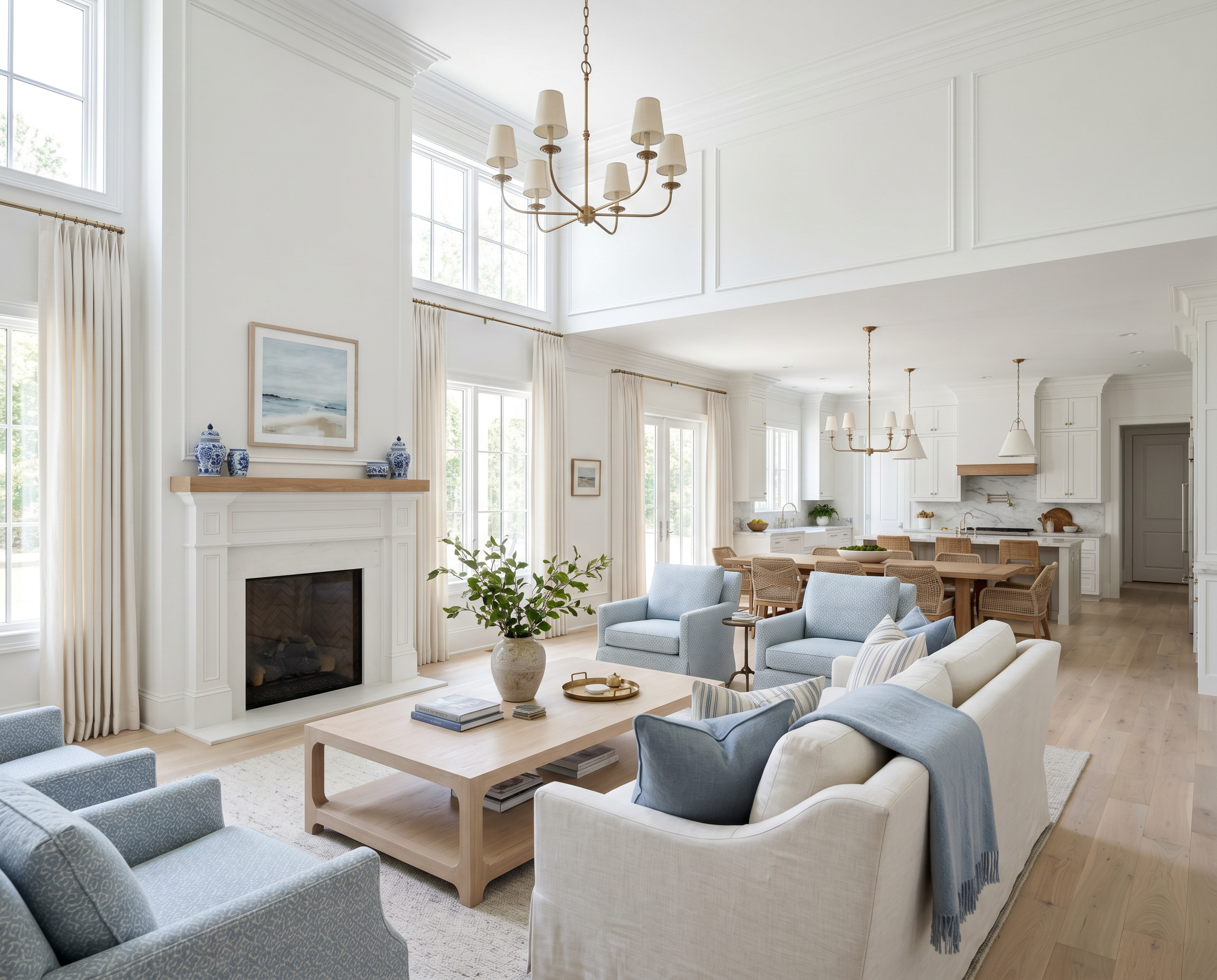 Classic Blue &amp; White Living Room with Ginger Jars and Open-Concept Kitchen Inspiration