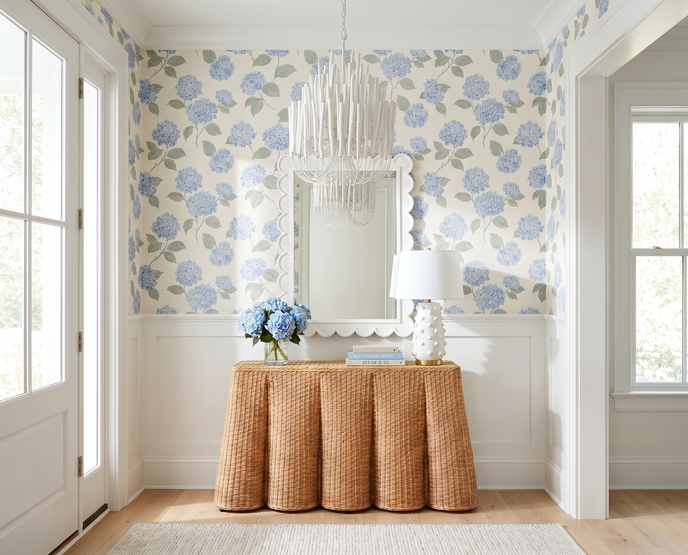 Classic Blue Hydrangea Entryway with Coastal Wallpaper and Woven Console Table