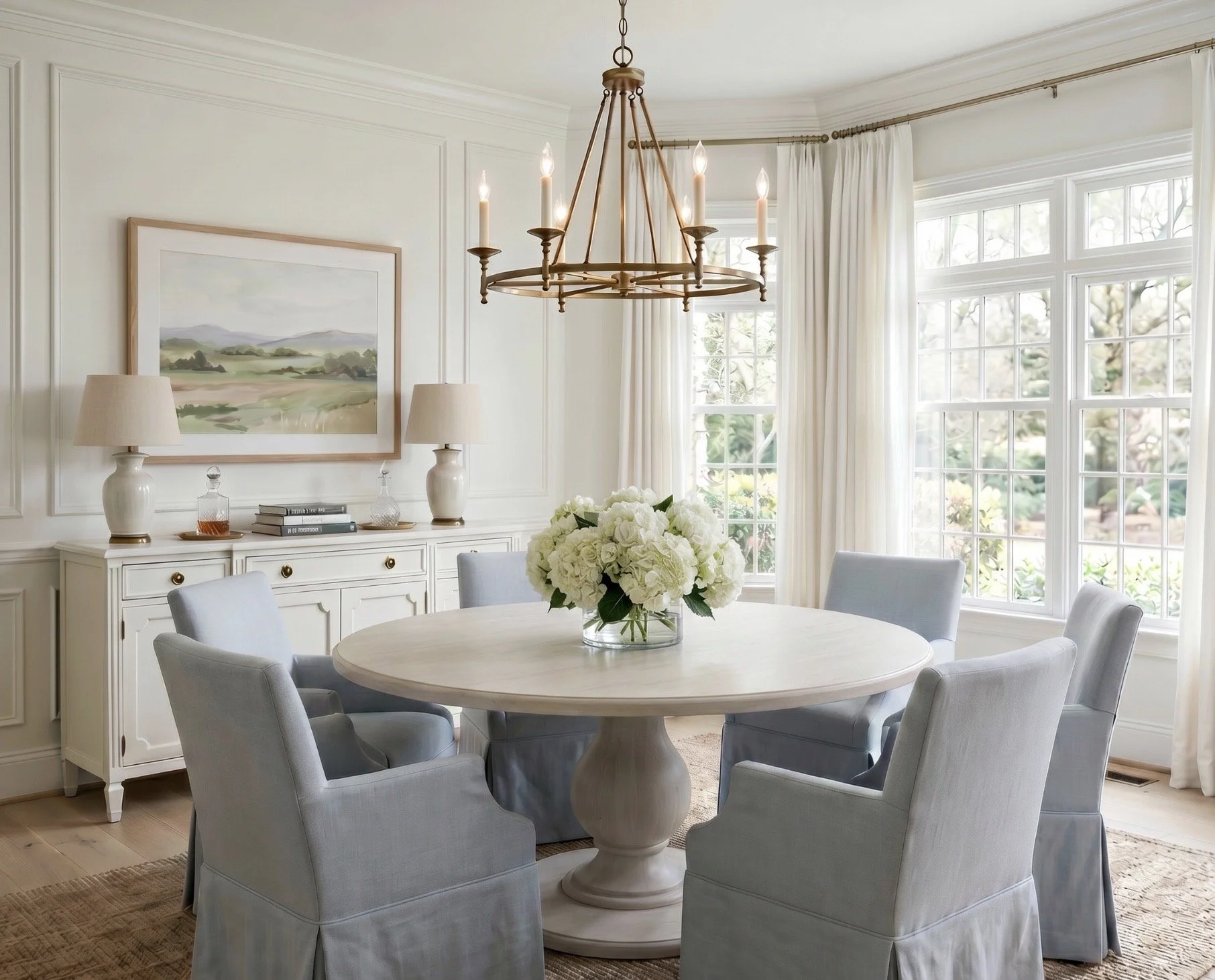 Timeless Round Dining Room with Soft Blue Chairs and Classic Southern Style