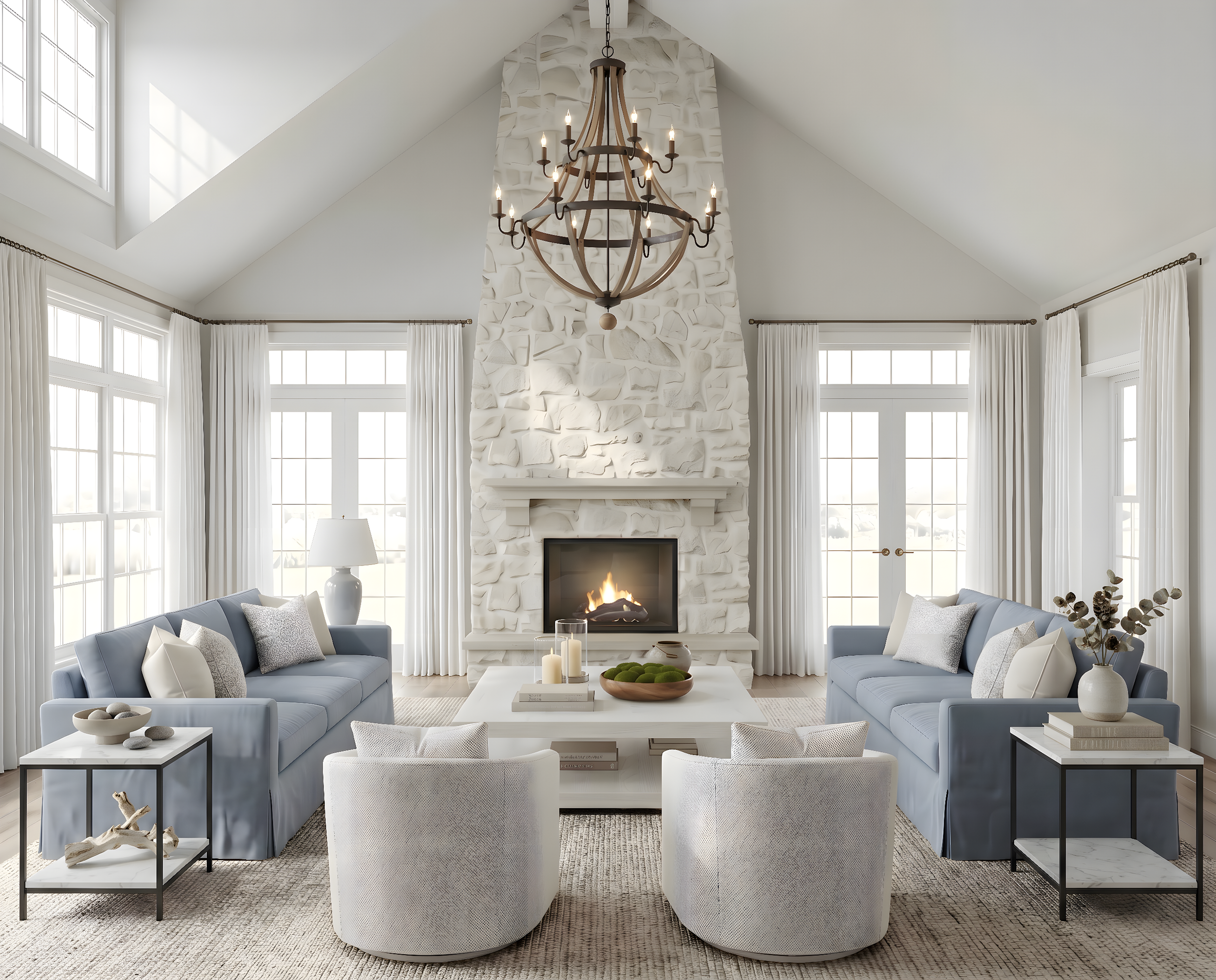 Vaulted Living Room with White Stone Fireplace and Soft Blue Sofas