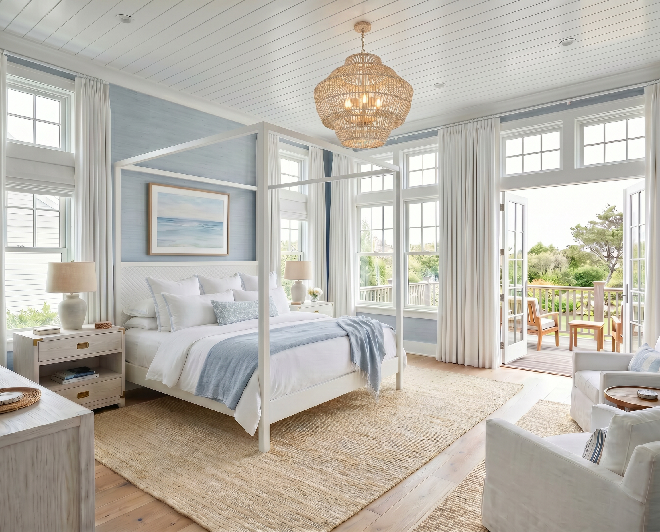 Bright Coastal Primary Bedroom with White Canopy Bed and Blue Grasscloth Walls