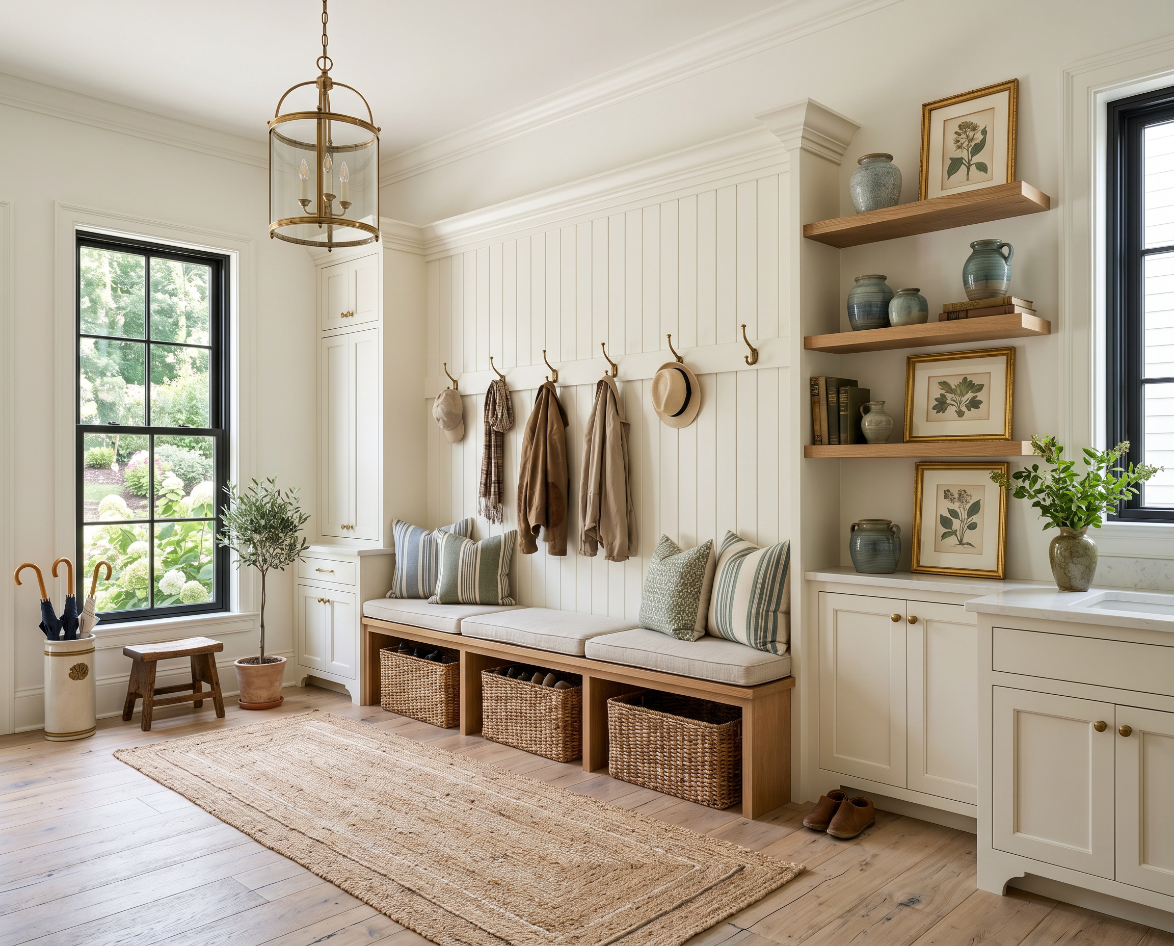 Classic Mudroom with Built-In Bench, Shiplap Wall, and Warm Wood Shelving