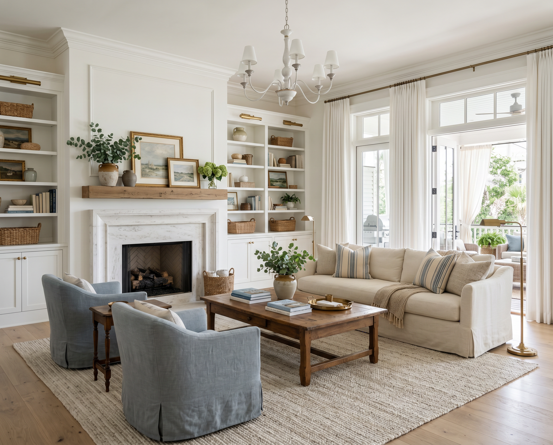 Timeless Living Room with Marble Fireplace and White Built-In Bookshelves