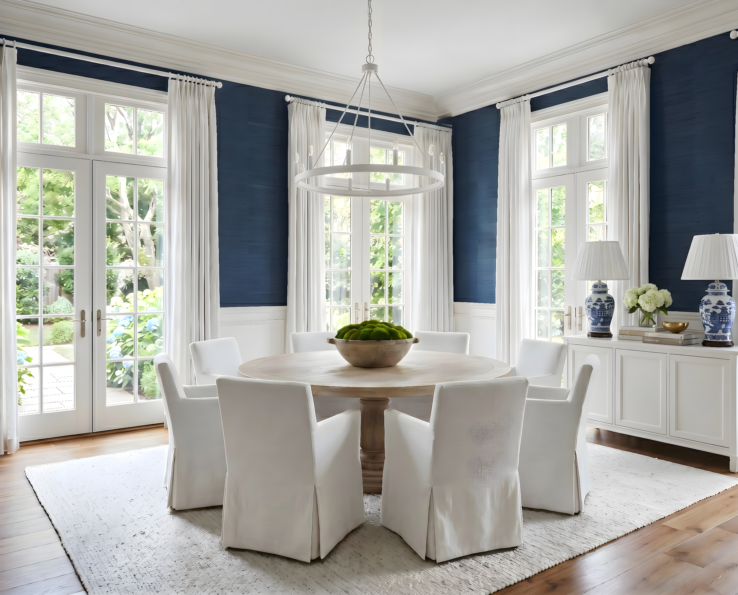 Classic Navy Dining Room with White Slipcovered Chairs