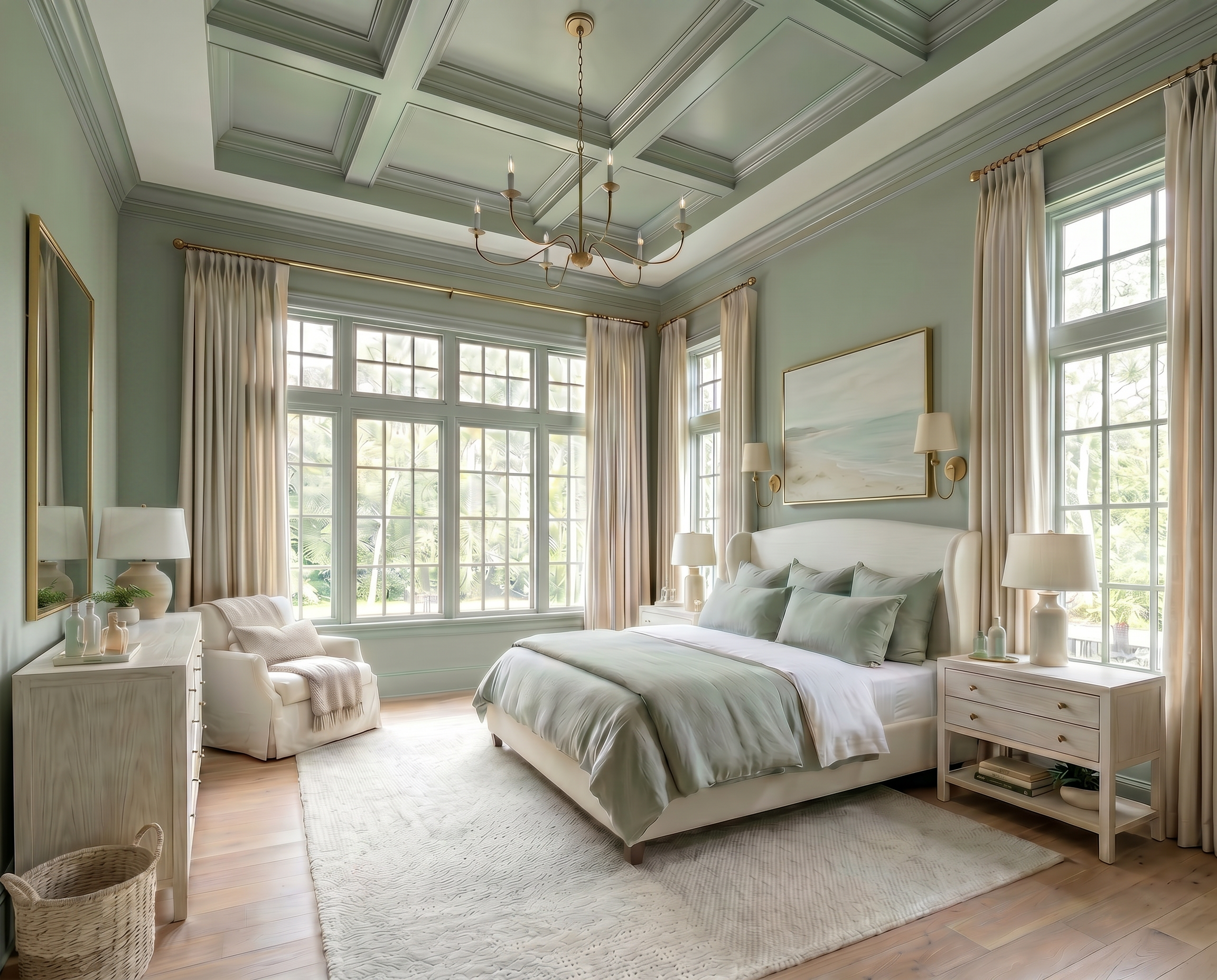 Soft Sage Color Drenched Bedroom 