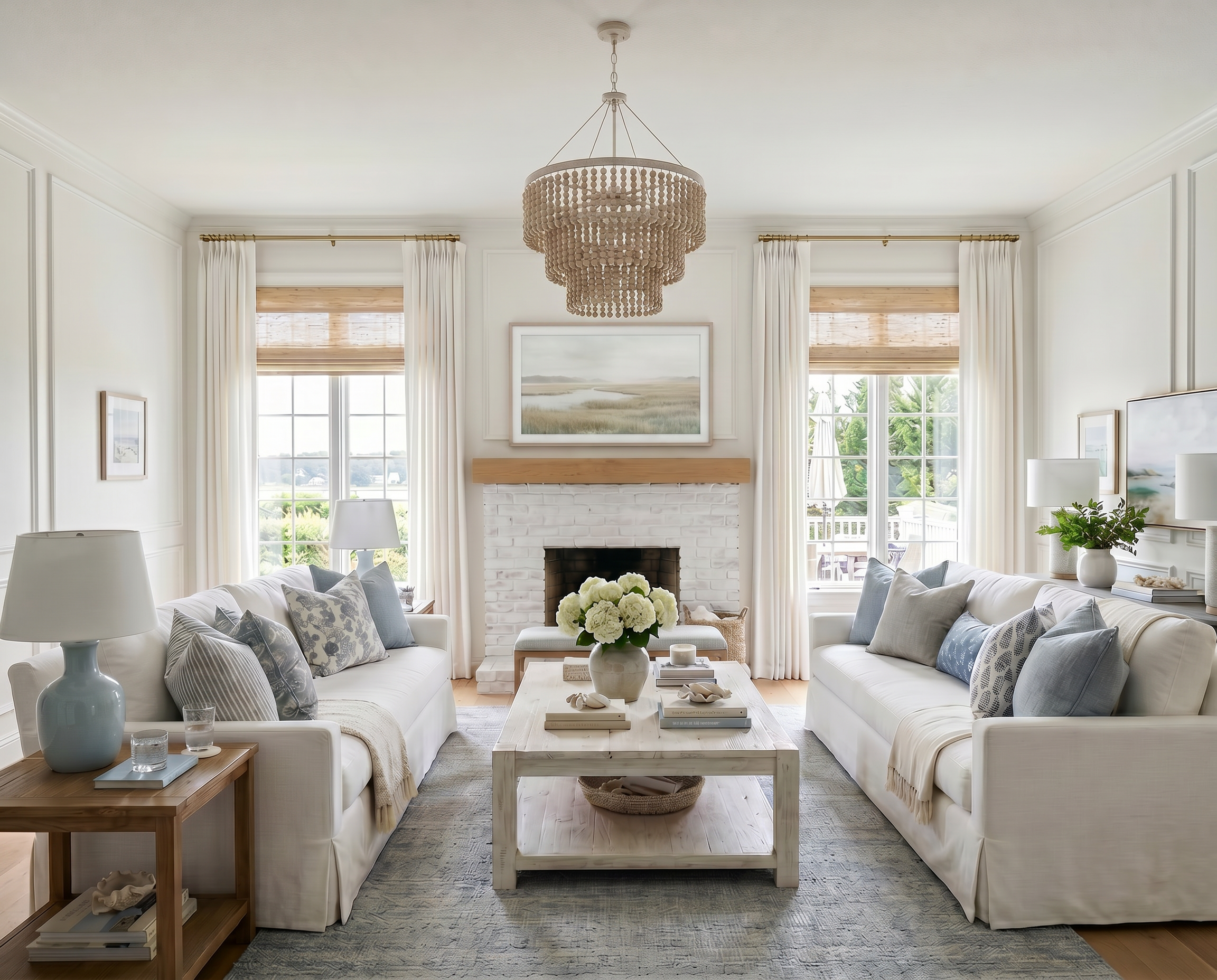 Coastal White Living Room with Soft Blue Accents and Timeless Style