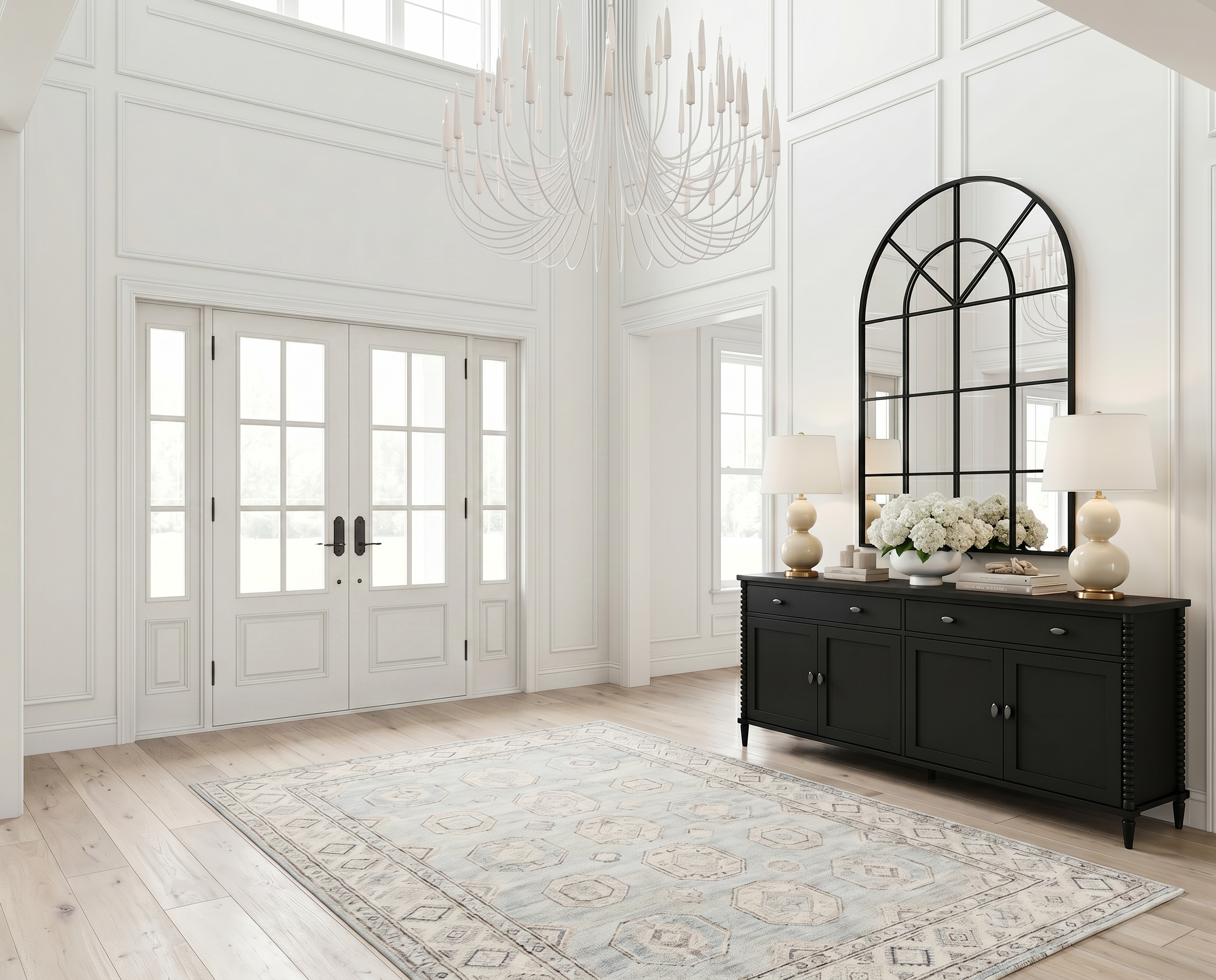 Classic Black Console Entryway with White Walls and Statement Chandelier