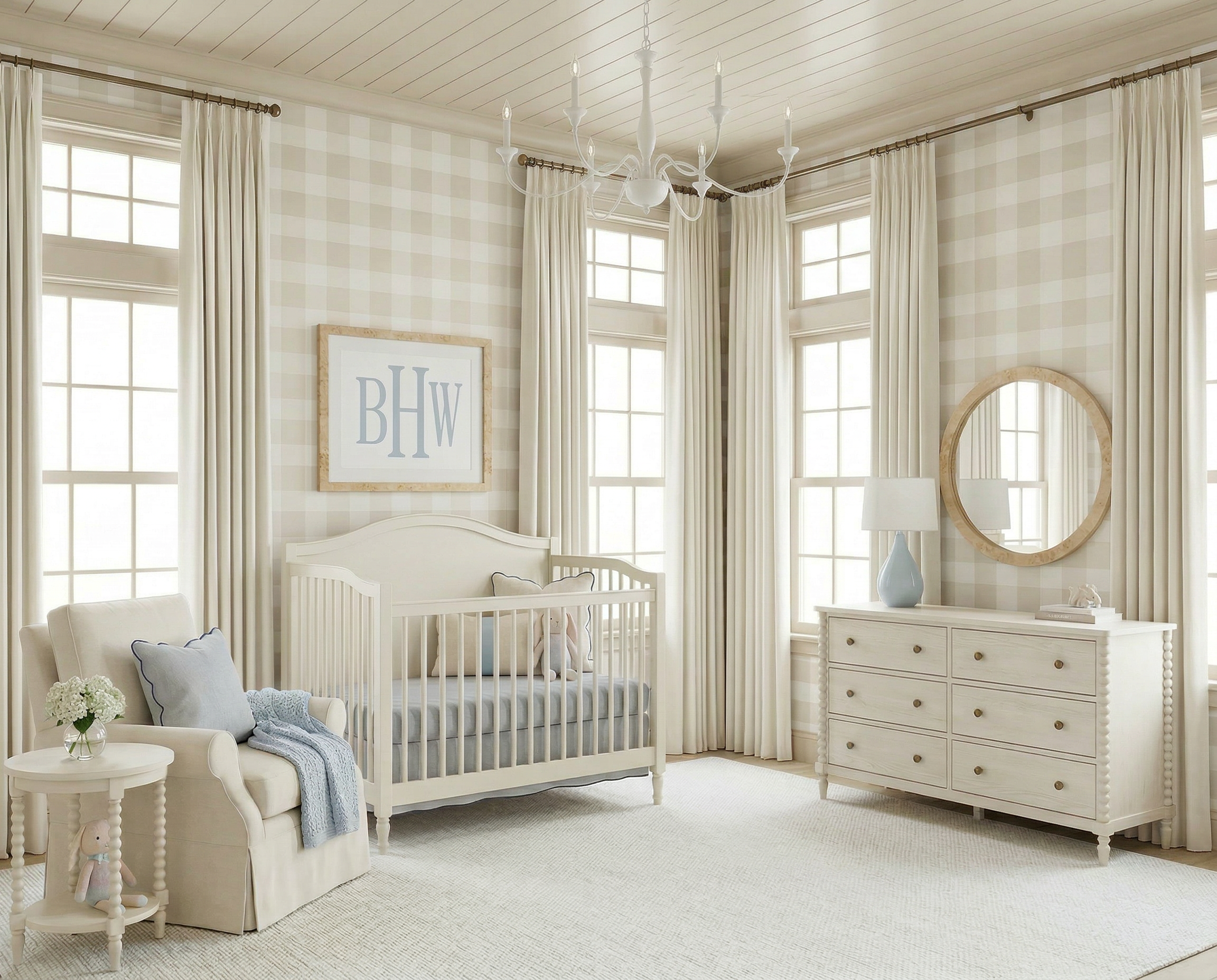 Classic Nursery with Neutral Buffalo Check Wallpaper | Shop the Look