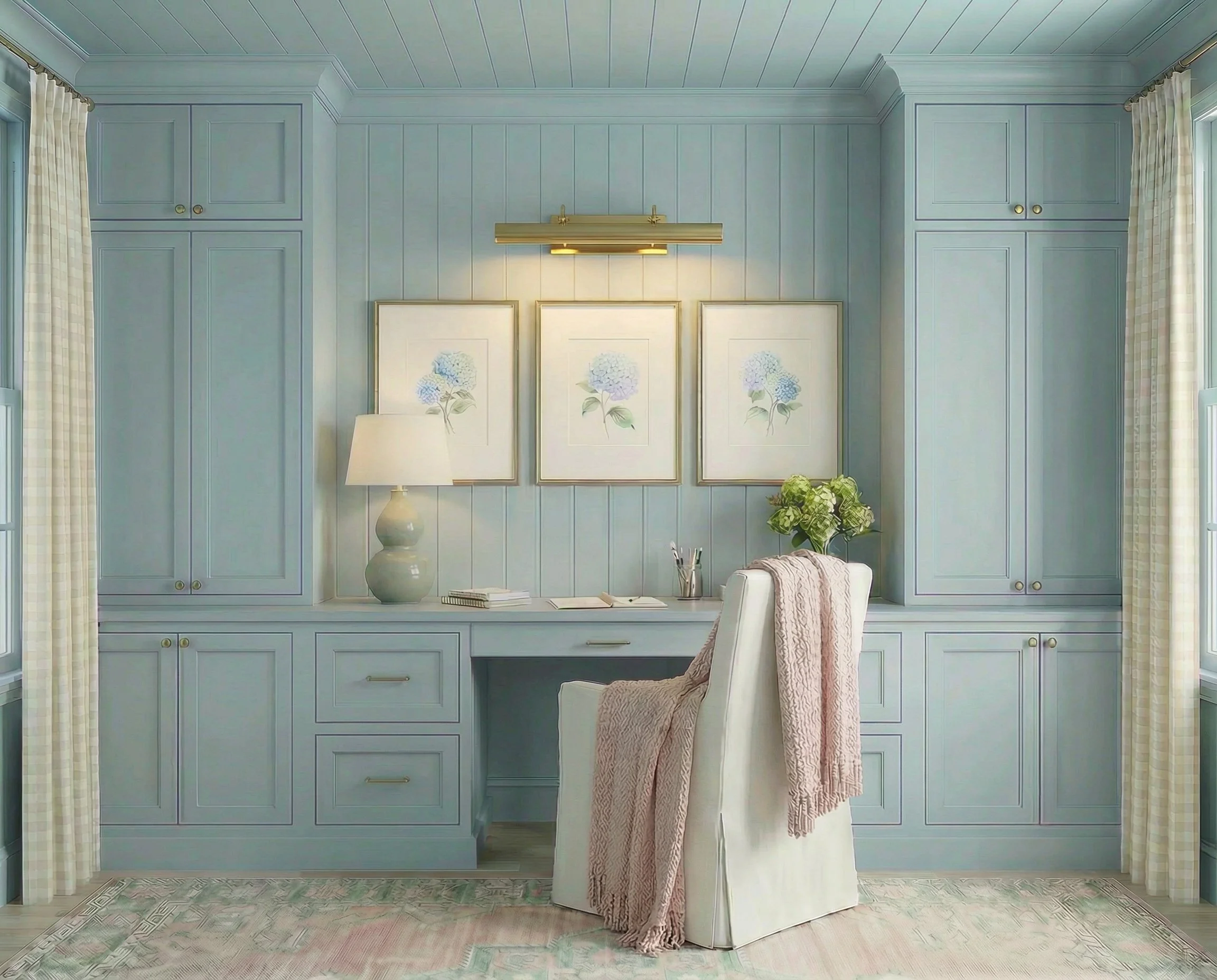 Soft Blue Built-In Home Office with Custom Cabinetry &amp; Brass Accents | Shop the Look