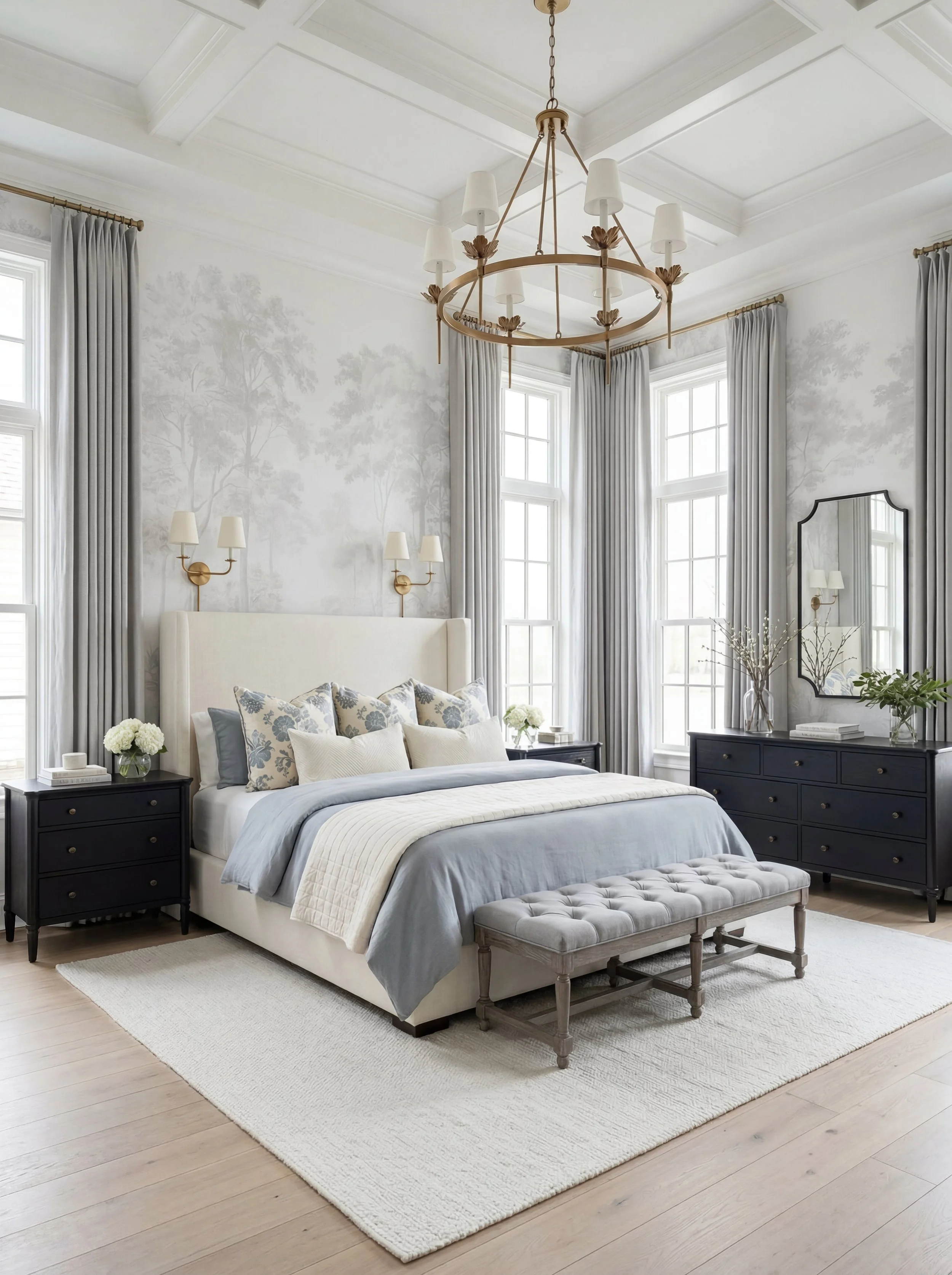 Elegant Grey &amp; White Mural Bedroom with Dark Wood Furniture | Shop the Look