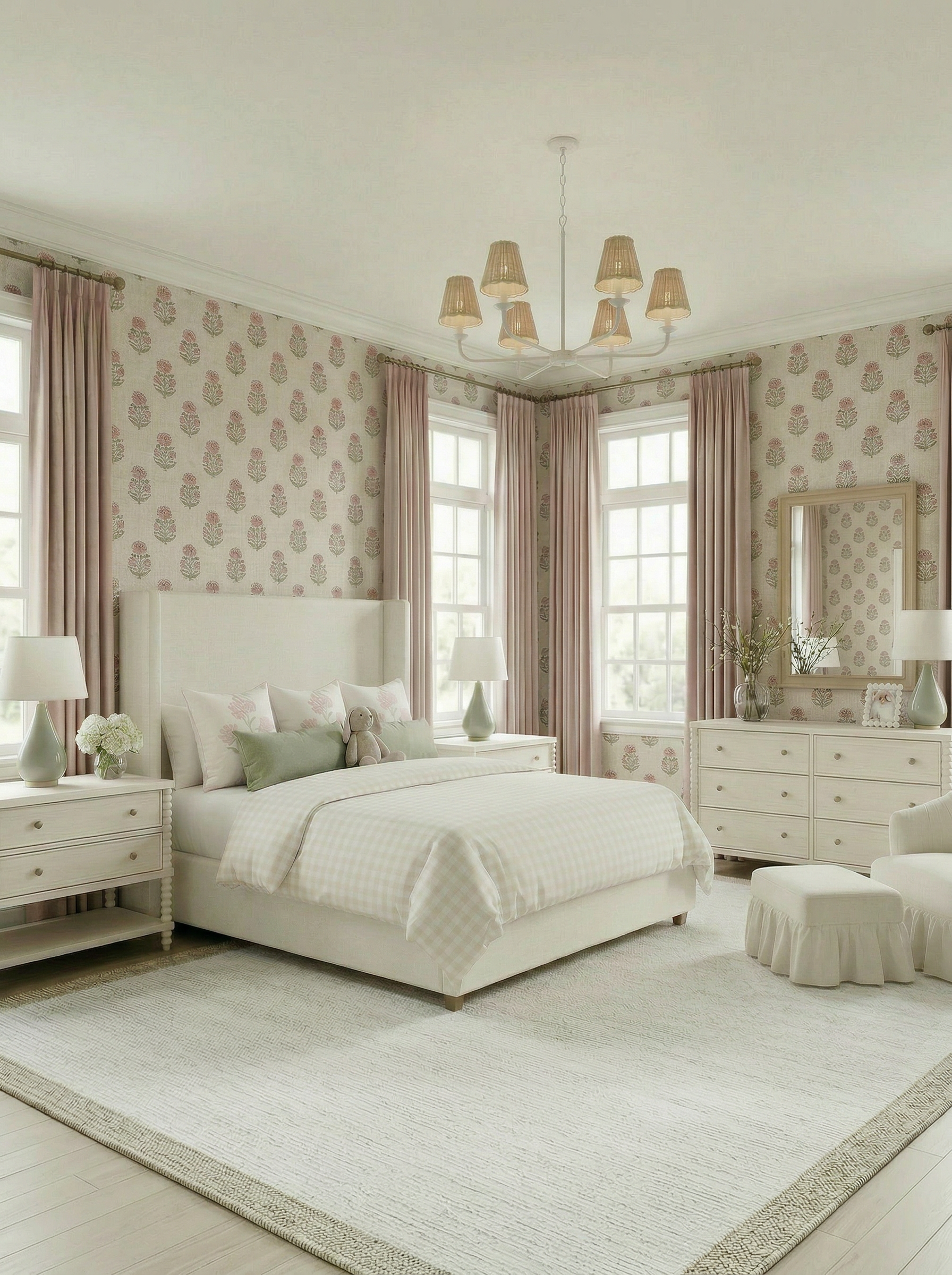 Pink Floral Wallpaper Girls Bedroom with Soft Blush Accents | Shop the Look