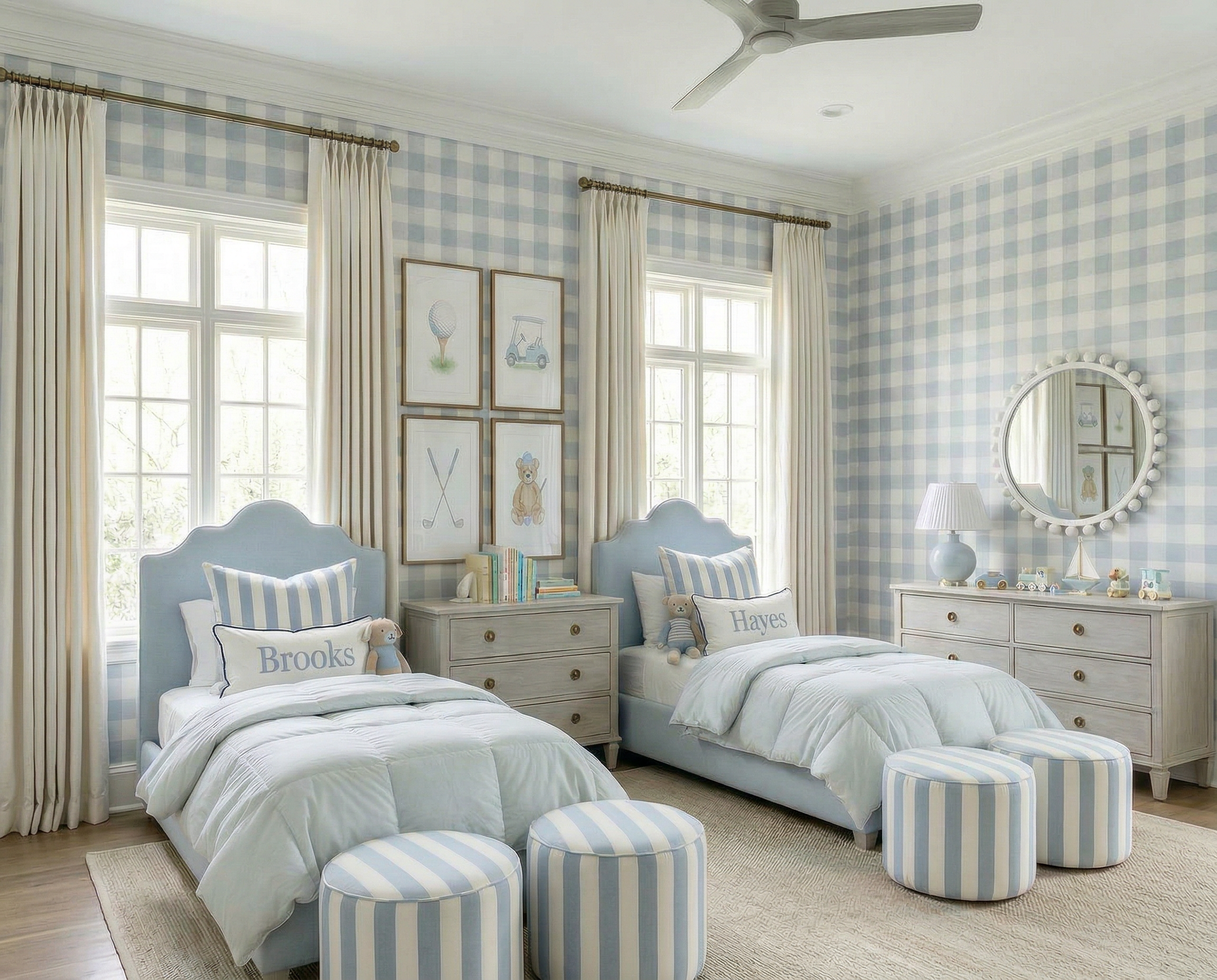 Blue Plaid Twin Boys Bedroom with Custom Name Pillows | Shop the Look