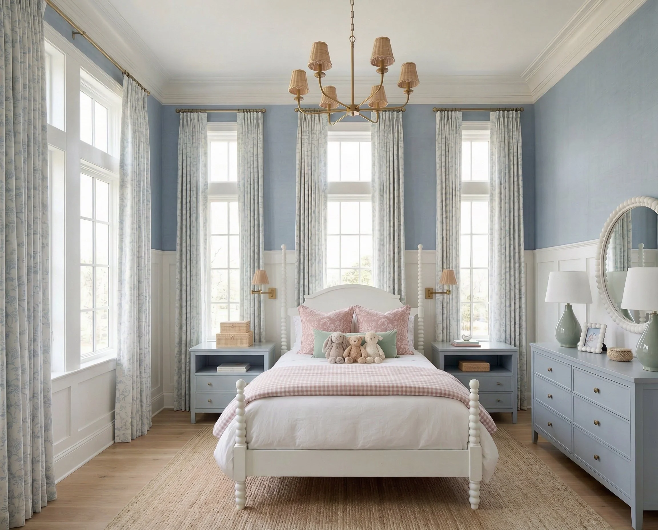 Blue Girls Bedroom with Floral Drapery and Soft Cottage Style | Shop the Look