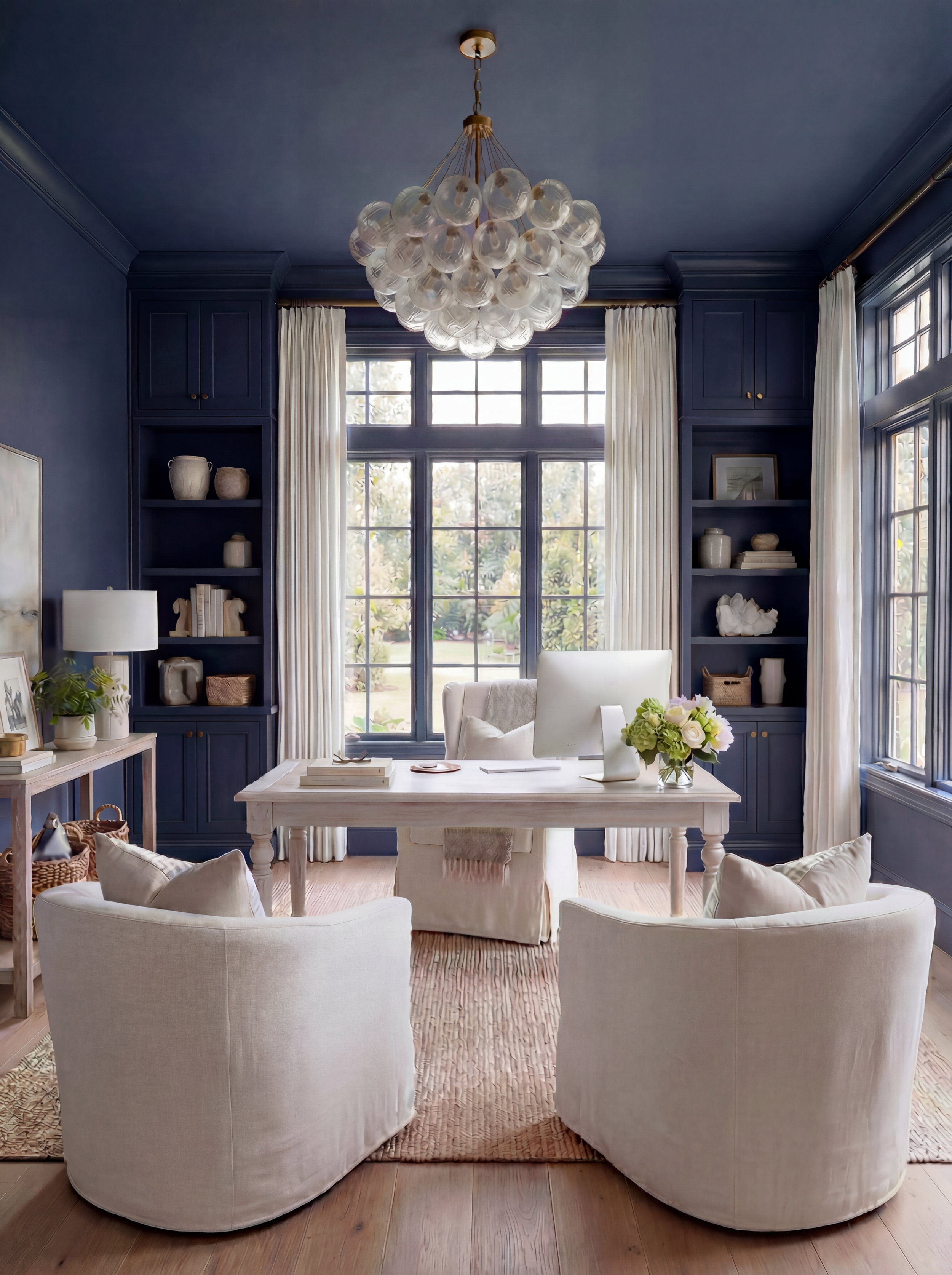Navy Blue Home Office with Built-In Bookshelves | Shop the Look