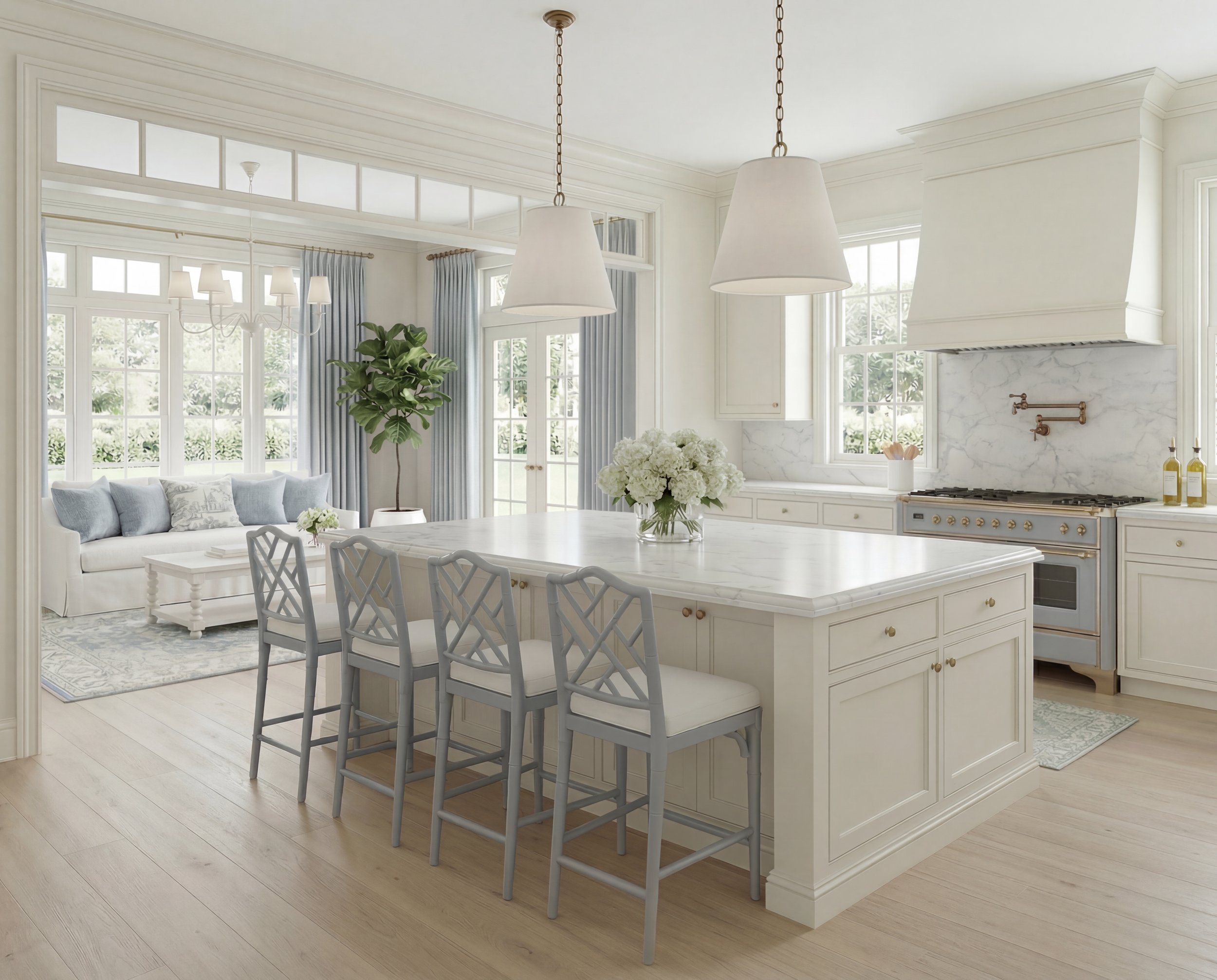 White Kitchen with Blue Counter Stools and Marble Island | Shop the Look