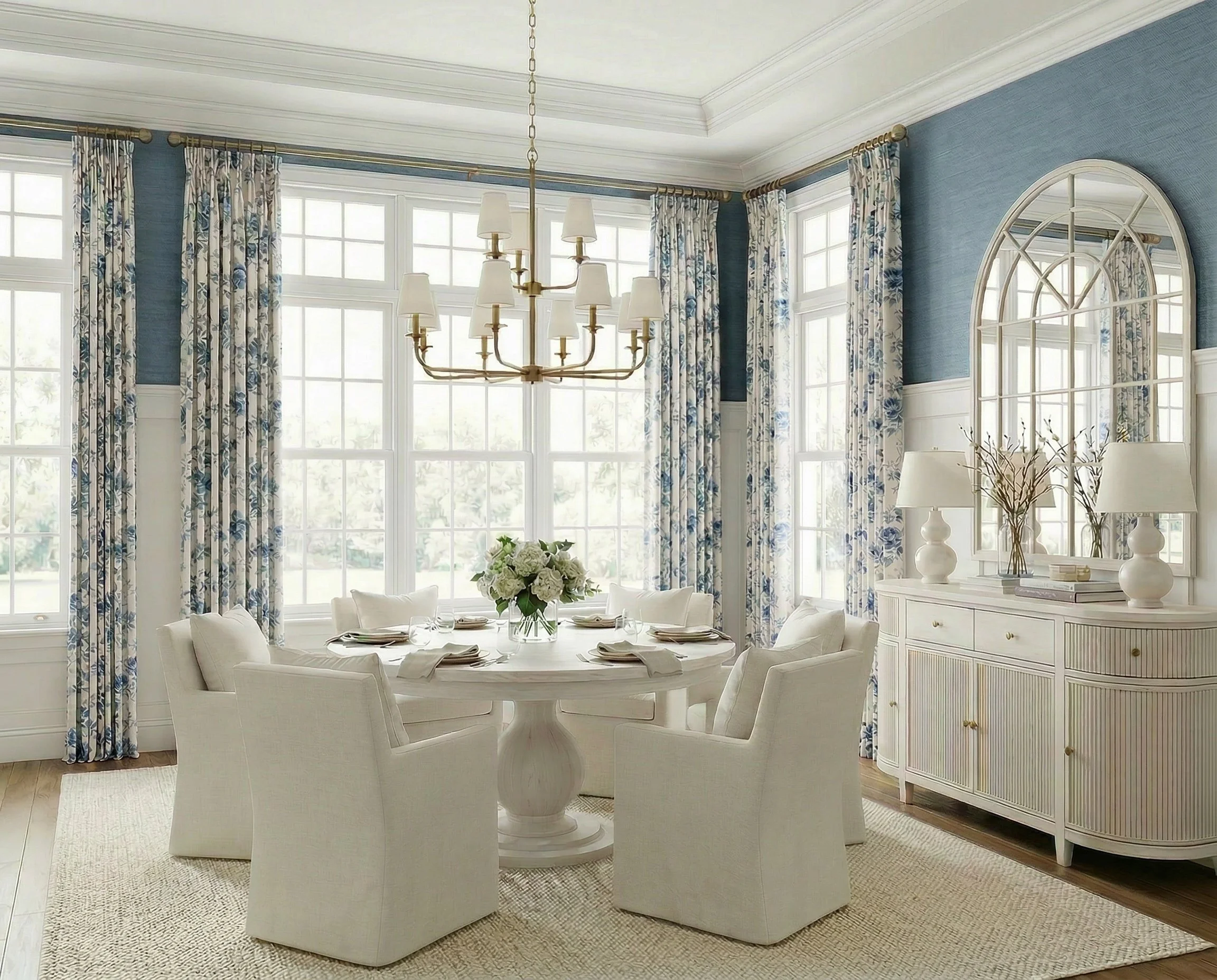 Classic Blue &amp; White Dining Room with Floral Drapes | Shop the Look