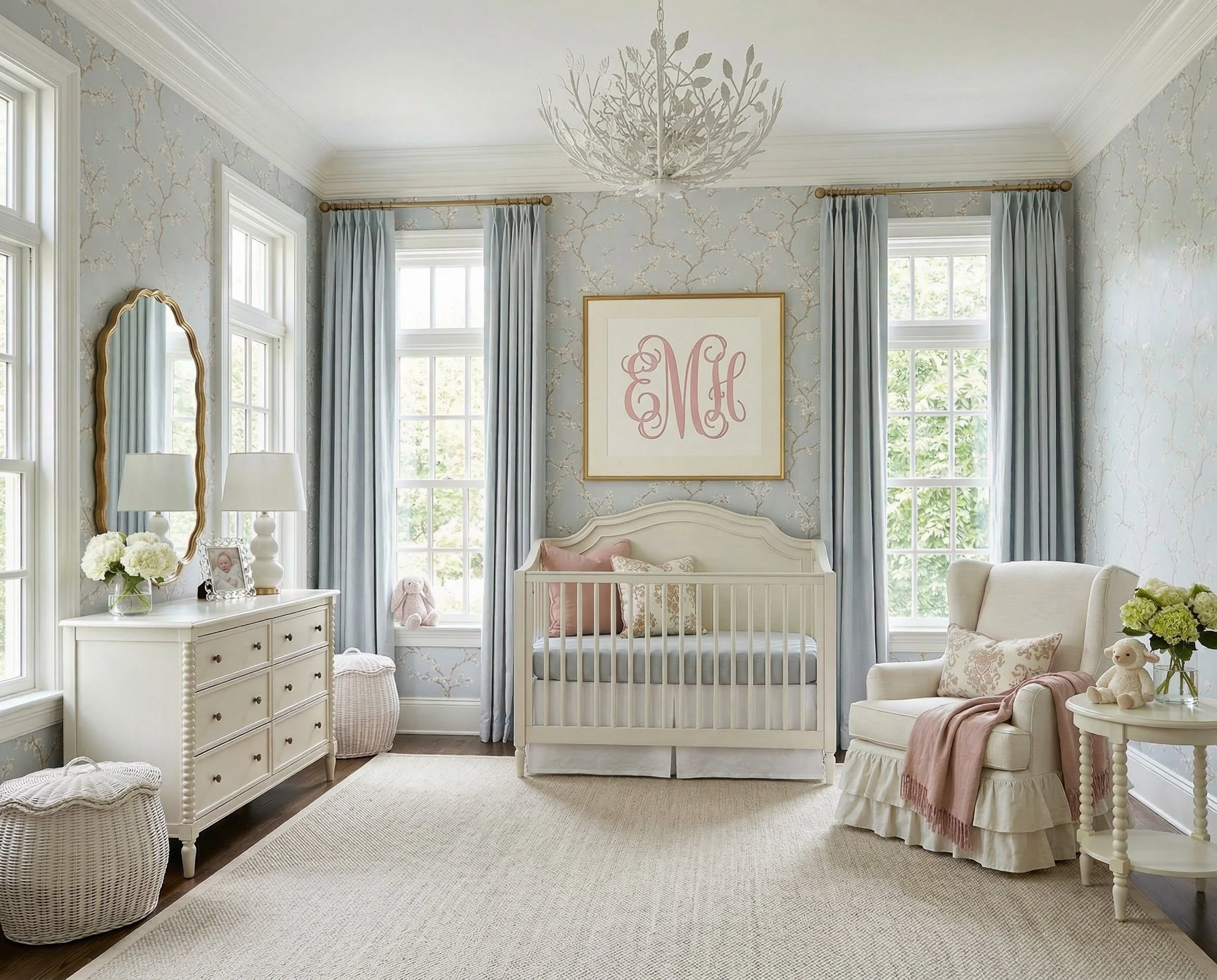 Classic Blue &amp; Blush Nursery with Cherry Blossom Wallpaper | Shop the Look