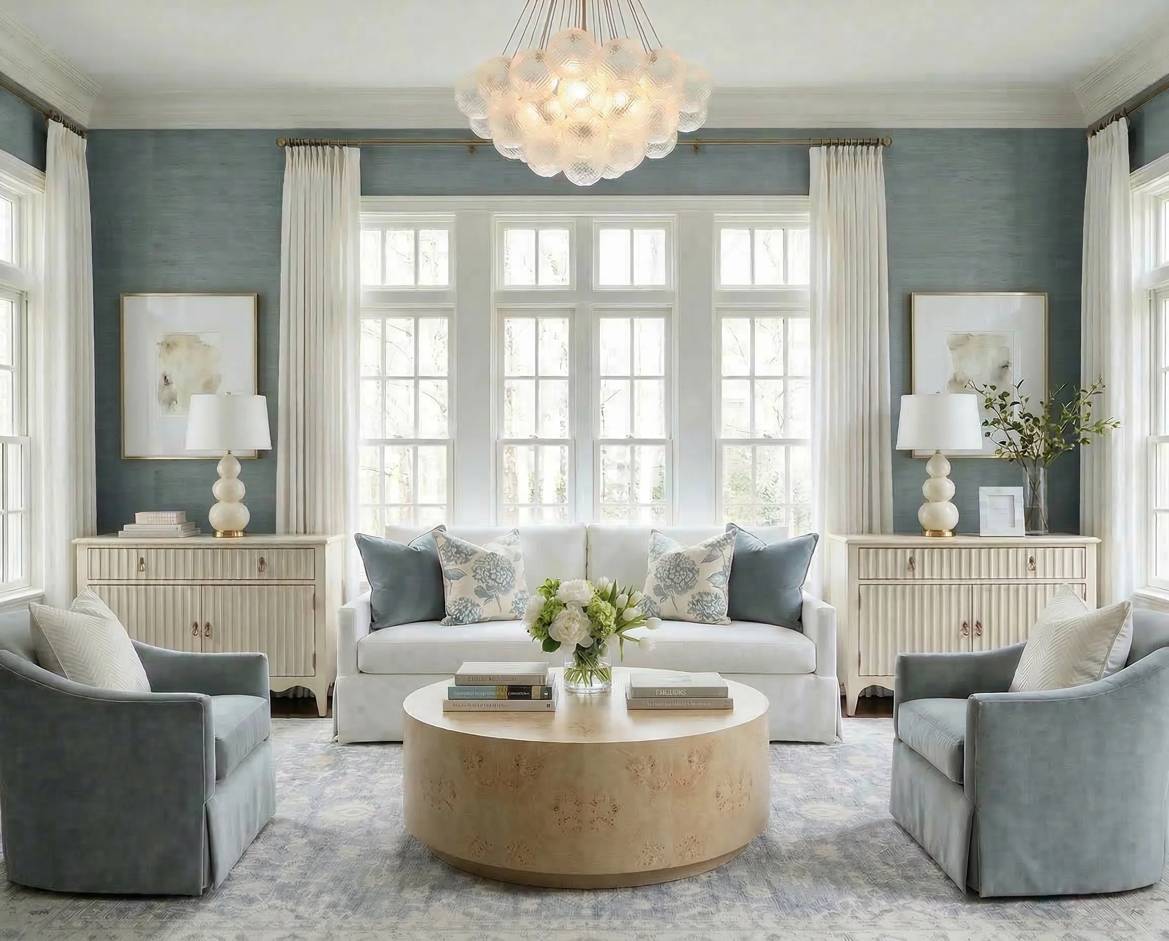 Classic Blue Living Room with Grasscloth Walls | Shop the Look