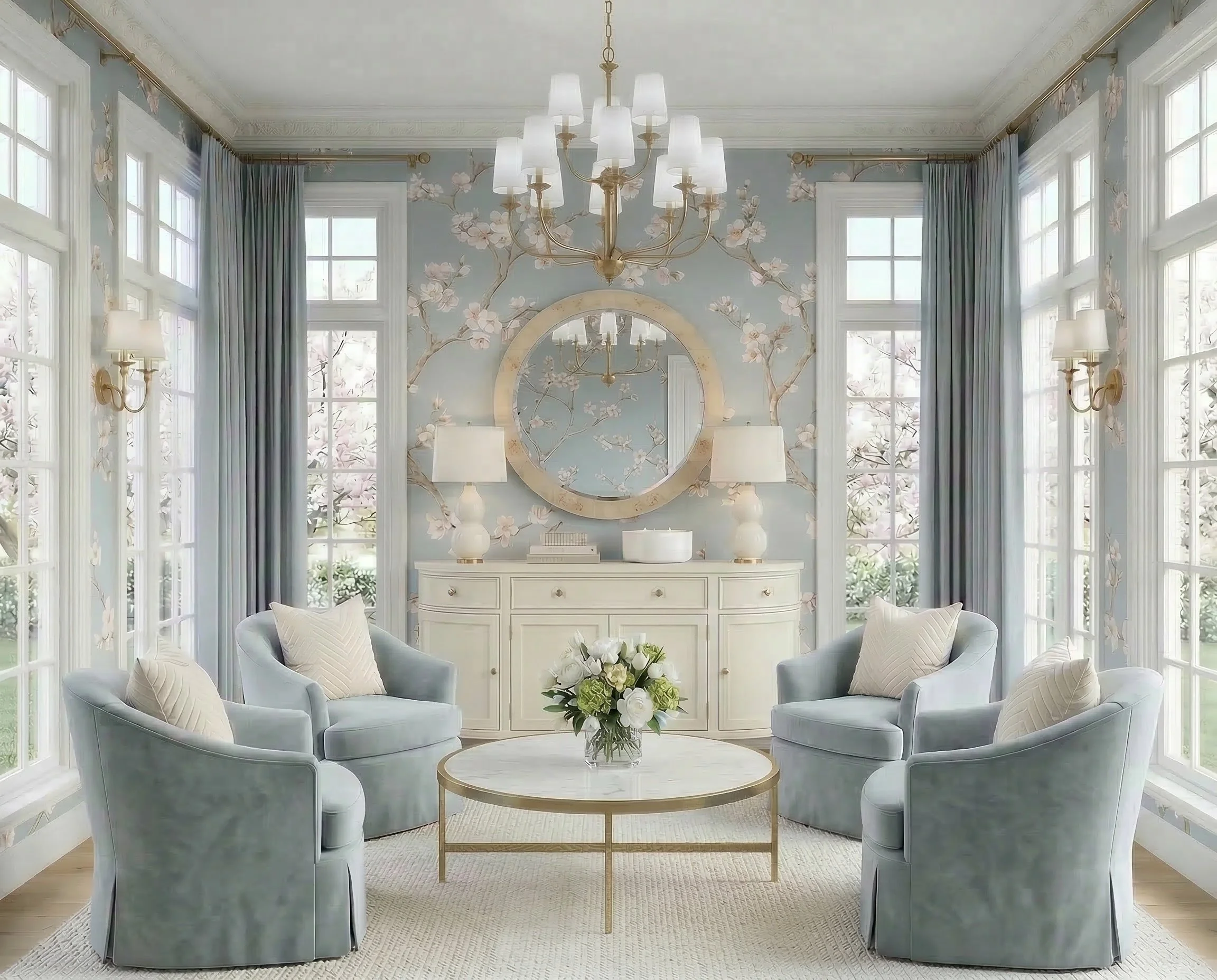 Classic Blue Sitting Room with Cherry Blossom Wallpaper | Shop the Look