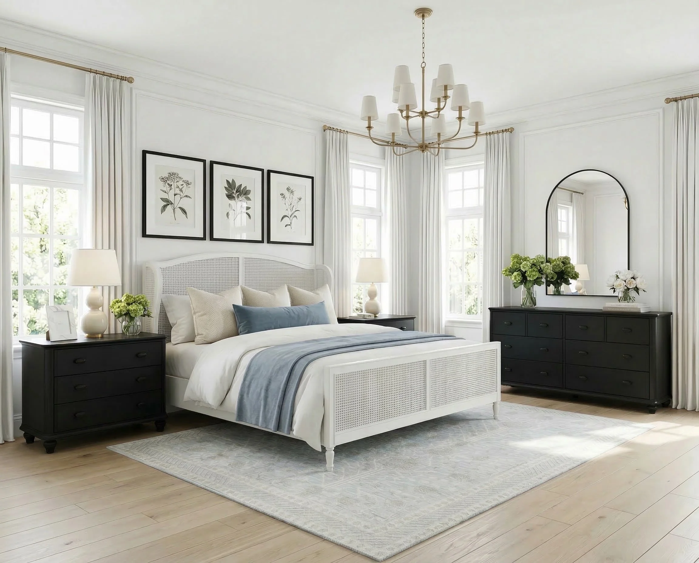 Classic White Bedroom with Black Nightstands | Shop the Look