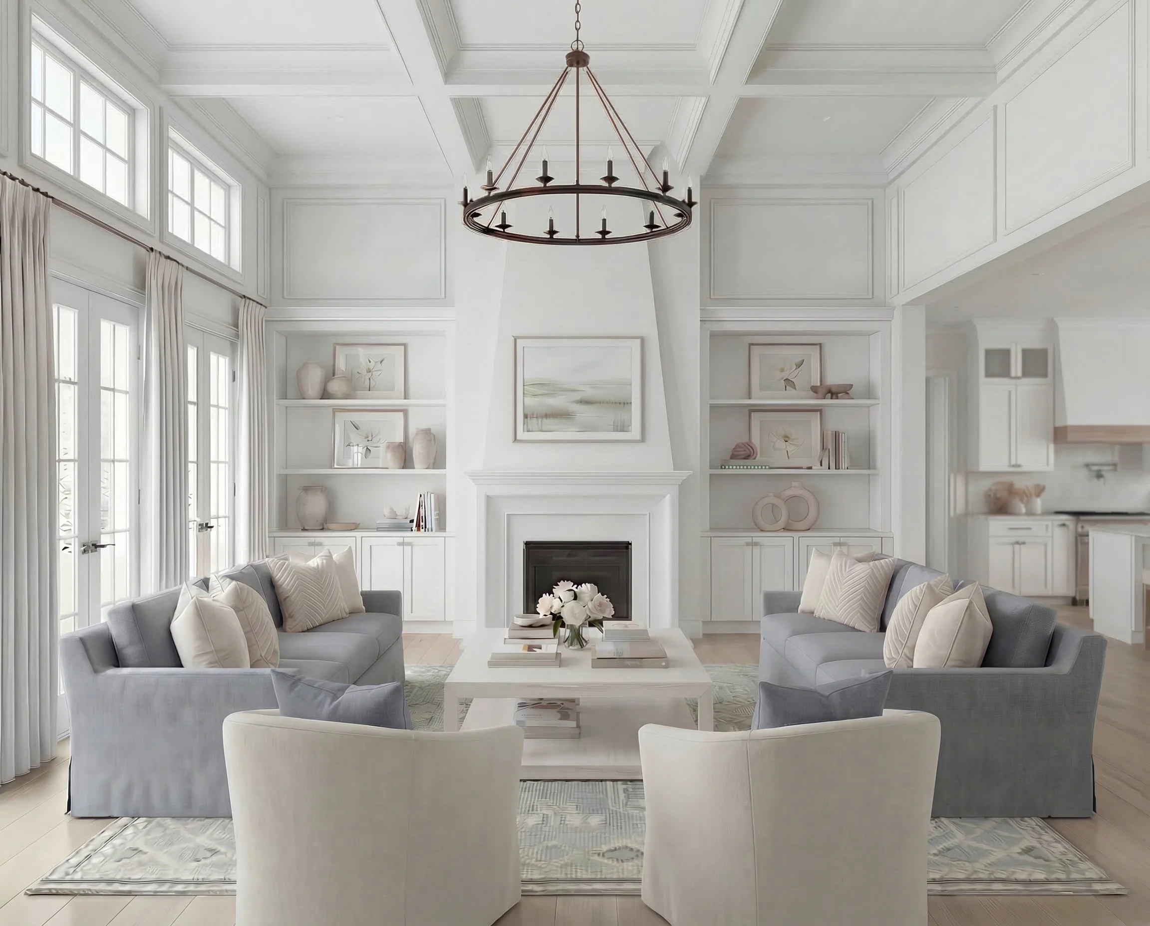 Classic White Living Room with Soft Blue Sofas | Shop the Look