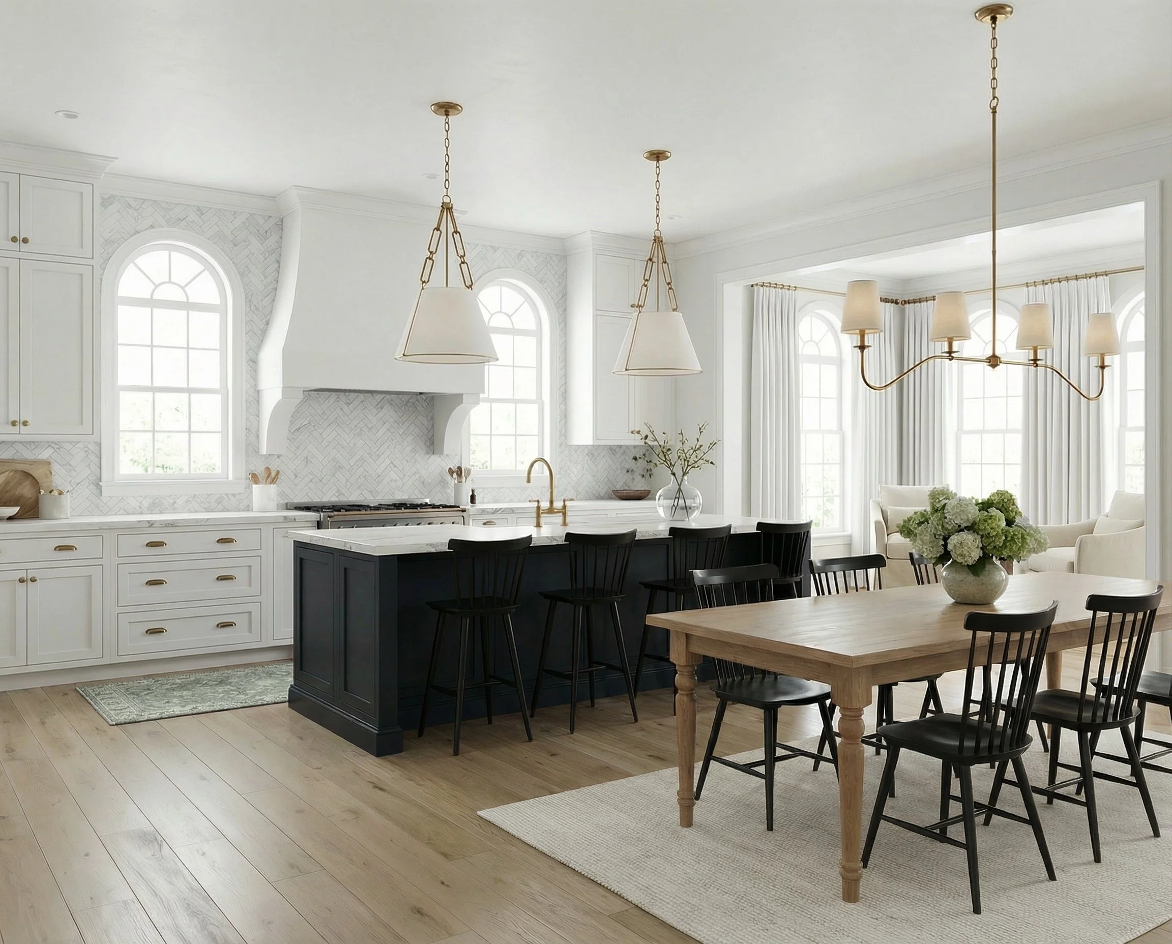 Classic White Kitchen with Black Island and Natural Wood Dining Table | Shop the Look