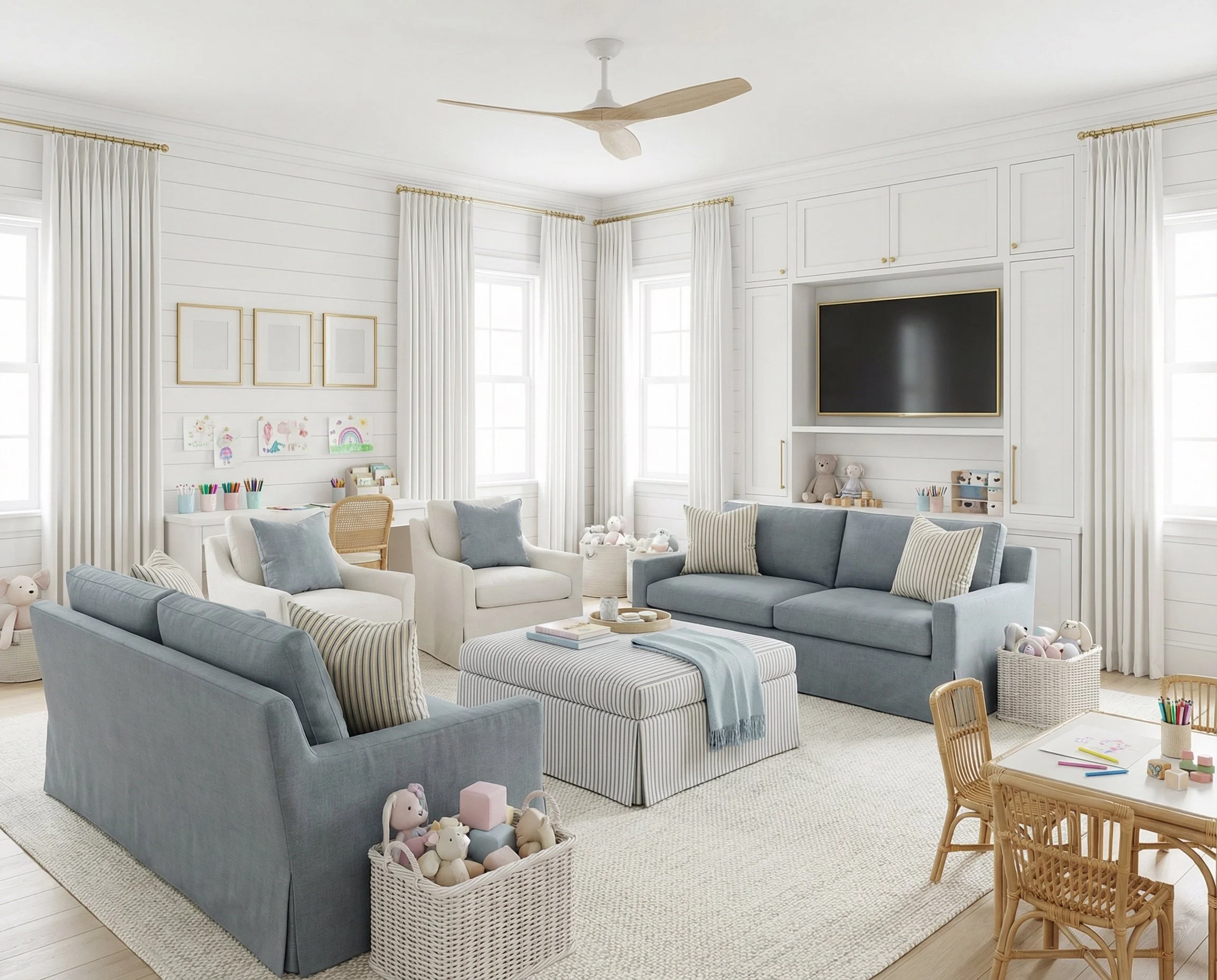 Classic Blue &amp; White Playroom with Built-In Storage | Shop the Look