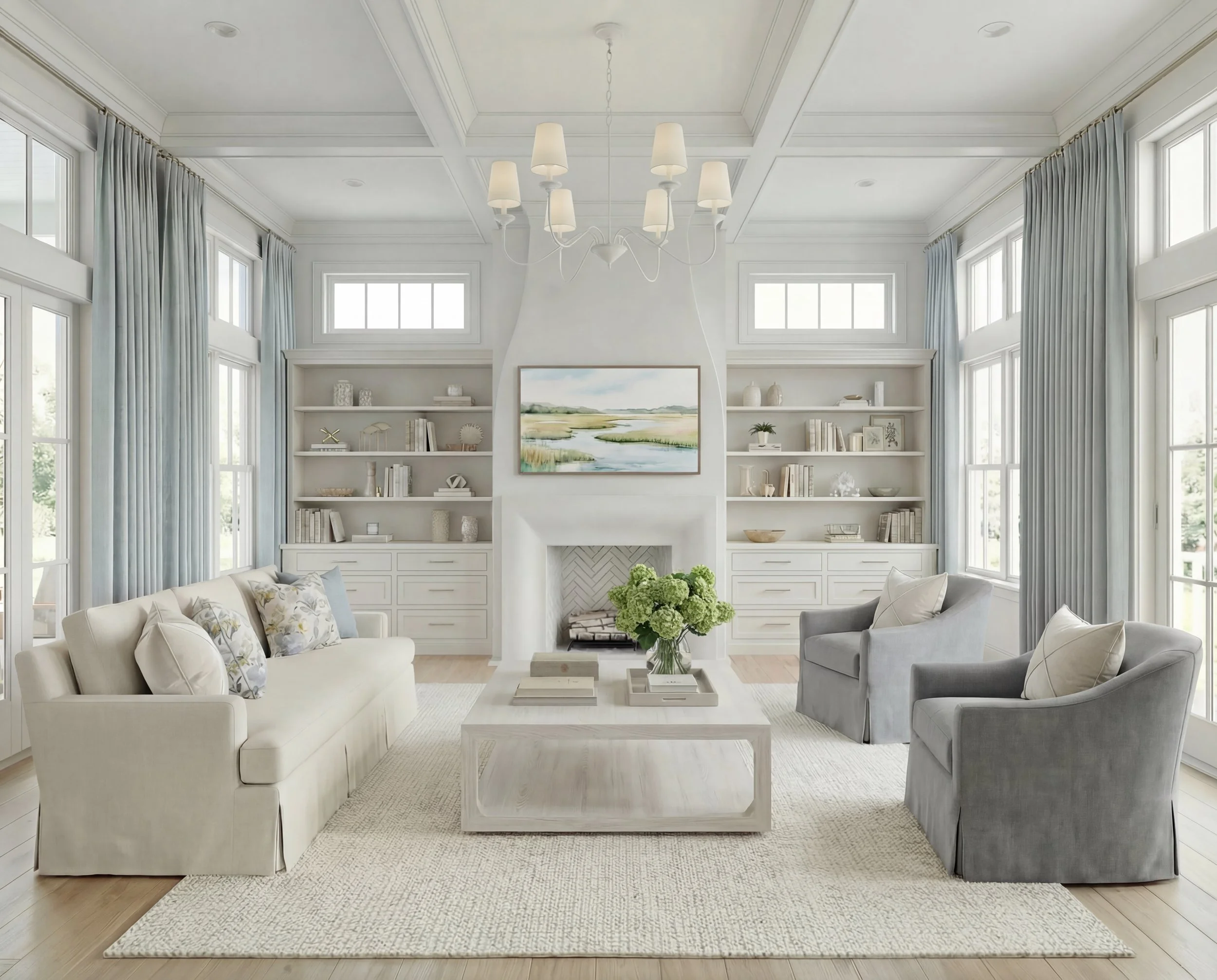 Bright &amp; Airy Coastal Living Room with Soft Blues &amp; Built-Ins | Shop the Look